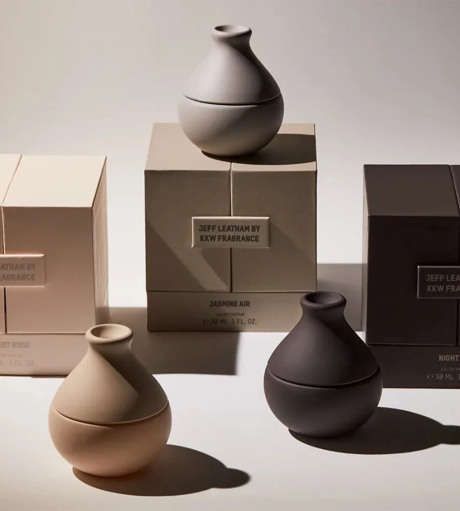 Jeff Leatham by KKW Fragrance bottle design by Precious Brands — vase-inspired packaging for Desert Rose, Jasmine Air and Night Iris