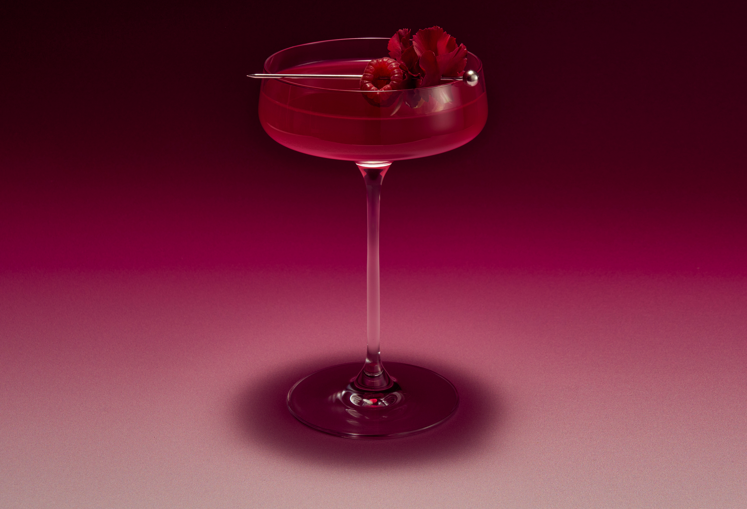Raspberry and carnation garnished cocktail in a coupe glass on a deep magenta backdrop, VORA photography, video and packaging design