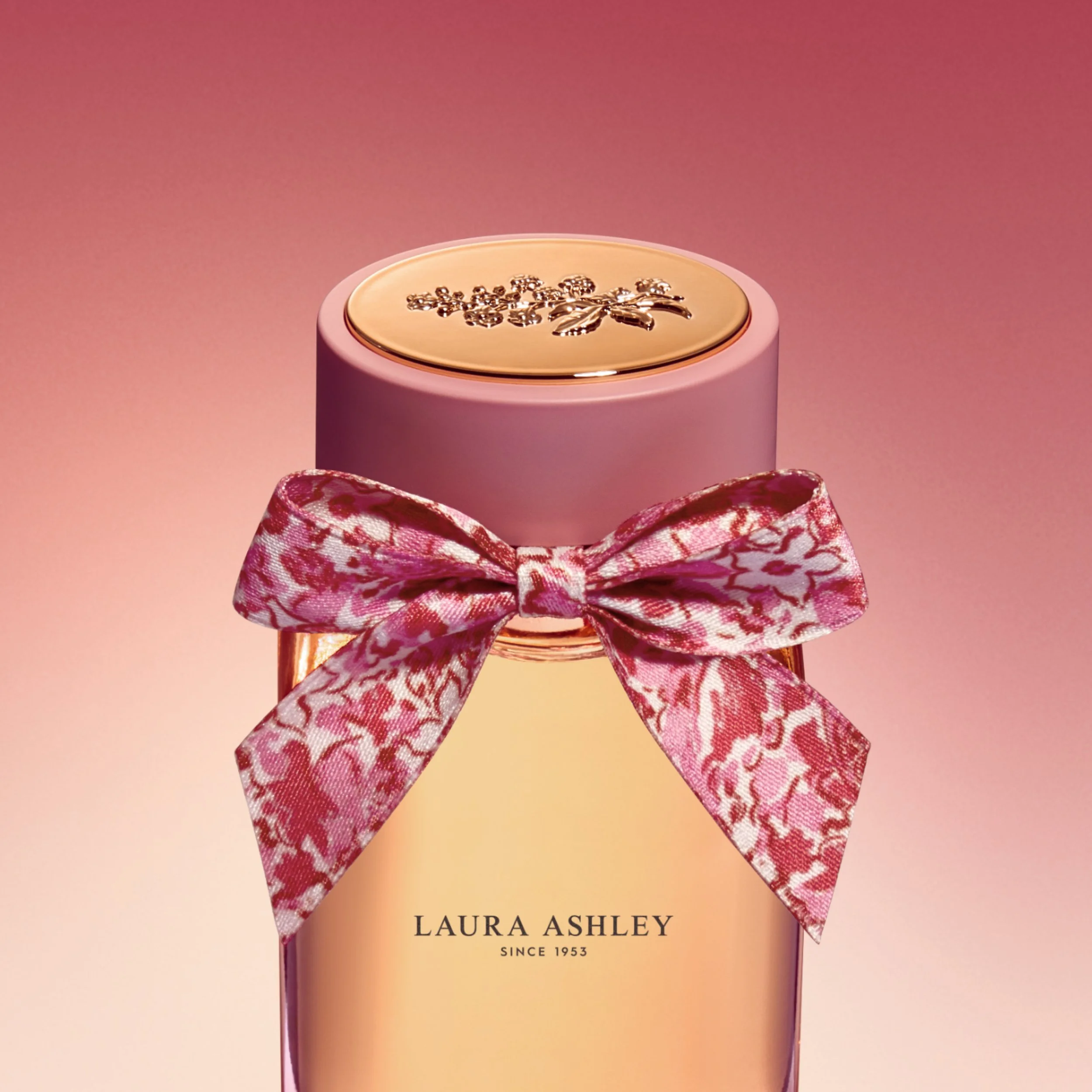 Laura Ashley Parfum bottle design showing custom glass shape design, heritage ribbon and and label detail