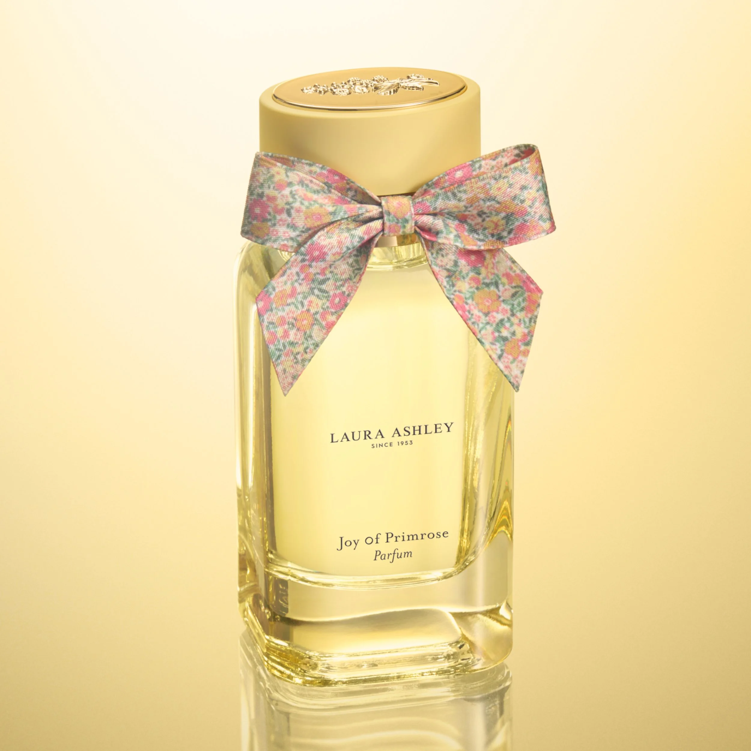 Laura Ashley Parfum bottle design showing custom glass shape design, heritage ribbon and and label detail