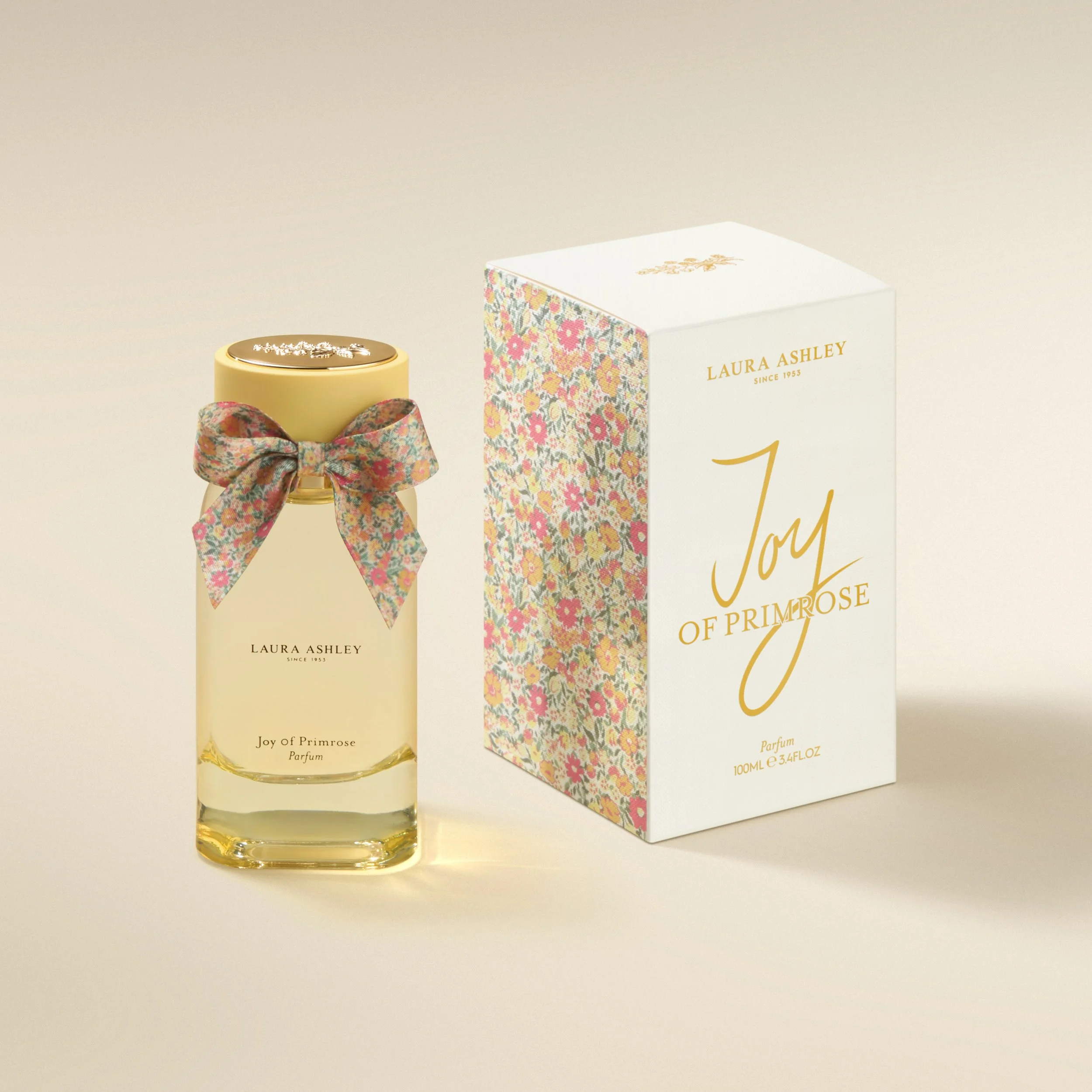 Laura Ashley Parfum Joy of Primrose 100ml carton, archive pattern, luxury fragrance packaging