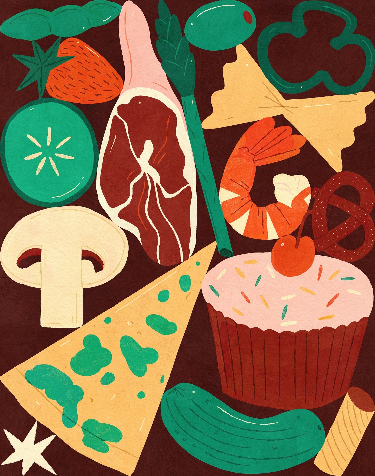 a late night food drawing as my third and final entry for #slowdownartcomp2025 

i had to do make at least one food illustration for this competition!! 🍄&zwj;🟫🥒🍓🧀🍖🫒

#illustration #foodillustration #foodillustrator #foodie #food #blanketmockup