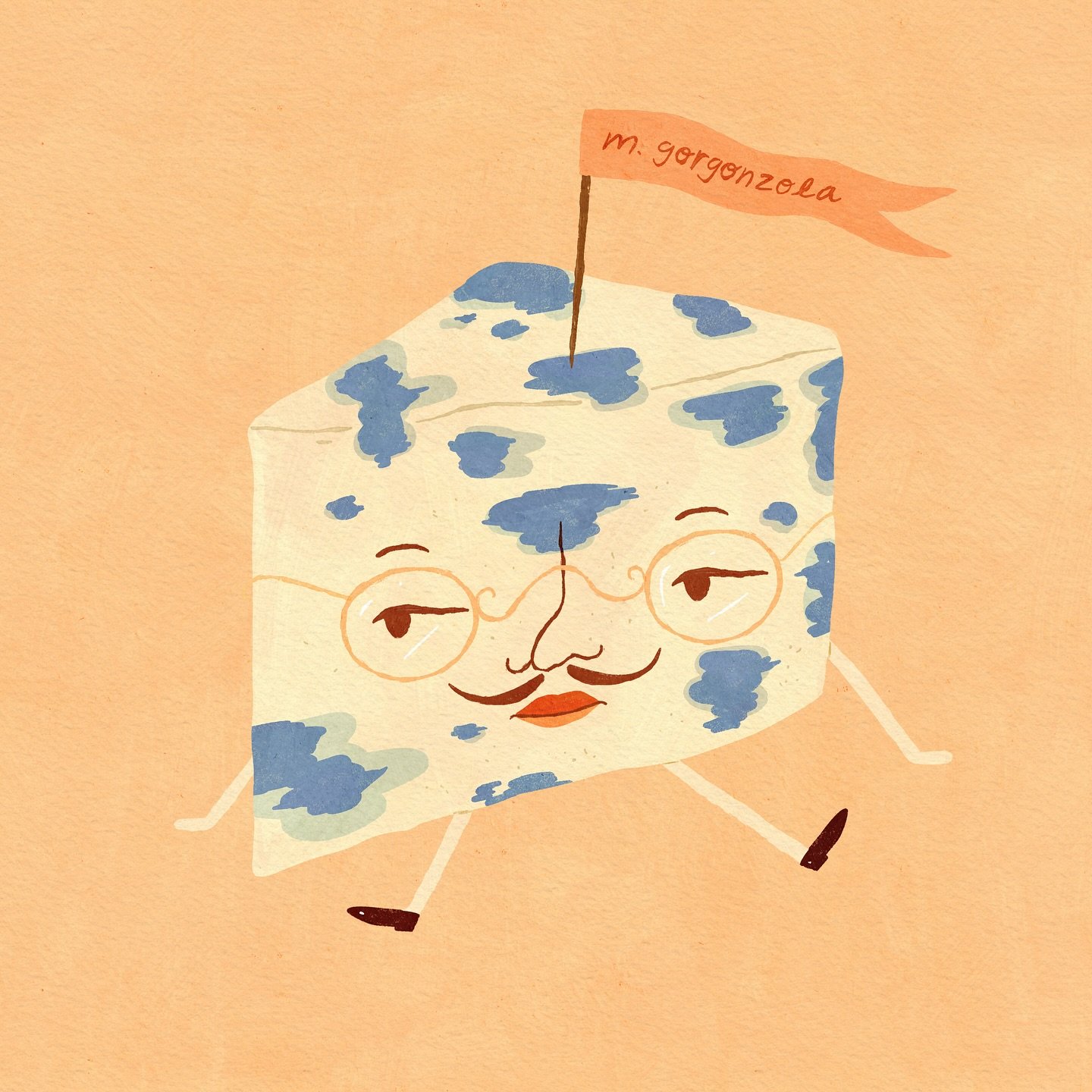 introducing&hellip;m. gorgonzola! 

short for monsieur gorgonzola mountain, named after a very elegant blue cheese from a valley in italia 🏔️🇮🇹

having a lot of fun making these little characters. which cheese do you want to see next? 

#illustrat