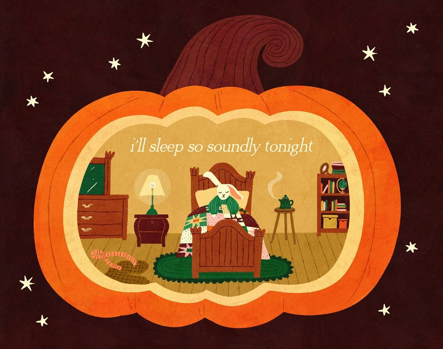oh to be a snuggly bunny in a pumpkin house 🐇

made for the quilts &amp; knits prompt for #drawntoautumn2025 

#drawtober #cozyfall #cozyillustration #quiltillustration #illustration #bunnyillustration