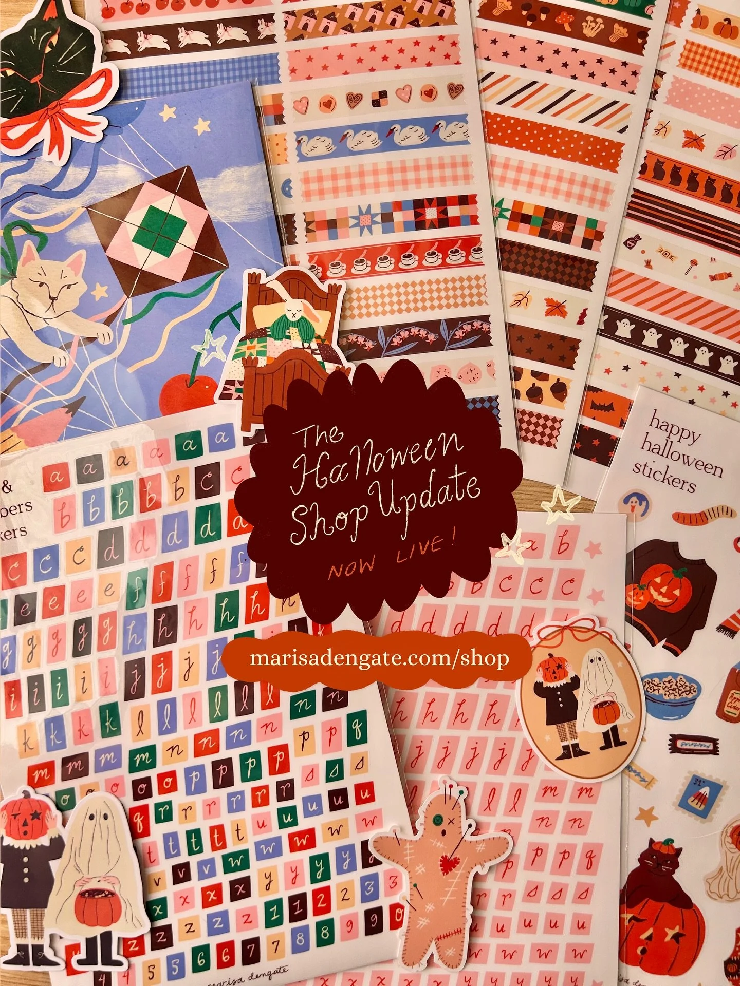 dear friends, my sh0p update is now live ! 🎃

NEW in the shop:
&bull; washi tape!!! two autumnal designs, and one inspired by cherries and other darling things 🍒🐇
&bull; letter &amp; number stickers!! one in a colorful scheme, and one in pink+red 