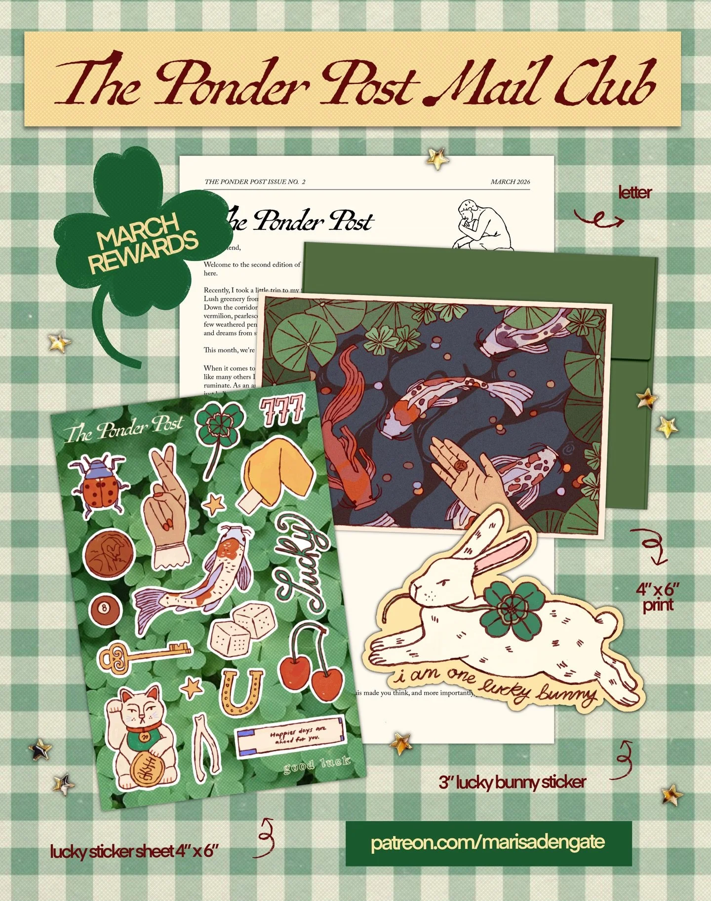 march rewards ☘️🐞⭐️🌈🤞🏻

this month is all about luck. sign up by 3/31 and you&rsquo;ll get:
&bull; a lucky sticker sheet
&bull; a lucky bunny sticker
&bull; an exclusive print 
&bull; lots of paper goodies 

#mailclub #theponderpost #snailmail #m