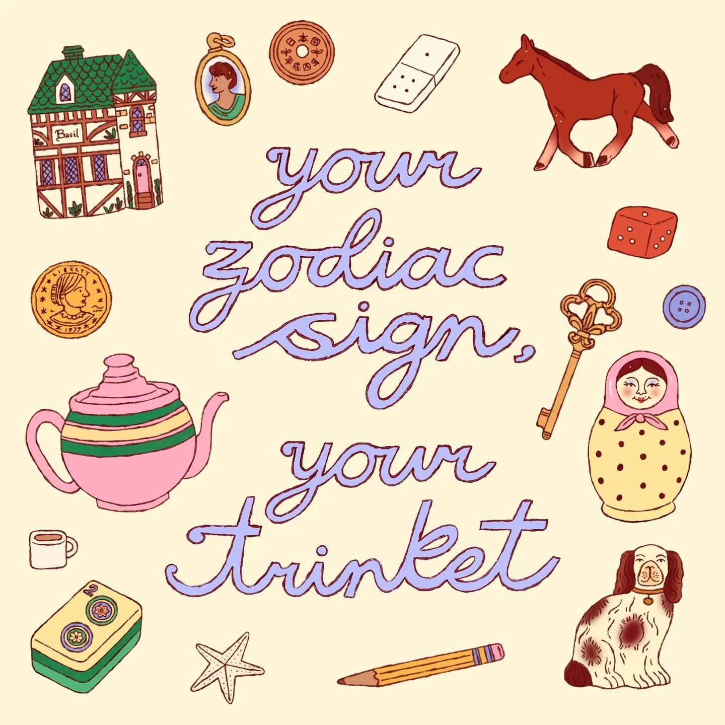 what&rsquo;s your trinket ?? 🔑🫖✏️🎲🐎

#trinkets #trinketillustration #astrology #astrologyillustration
