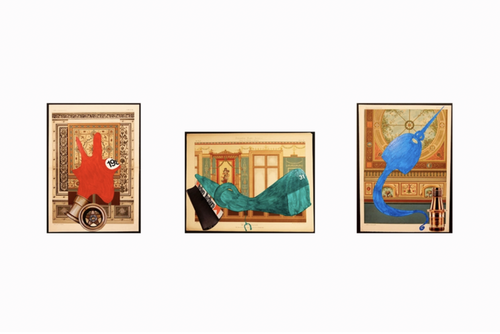 Paco Marcial, drawing series (from left to right: W-Viva Vaccarella, Bugatti le Sarthe, B at Garda 1927 , 2012, Decoration Malereien paper, Automotive color, printed matter. Varied dimensions.