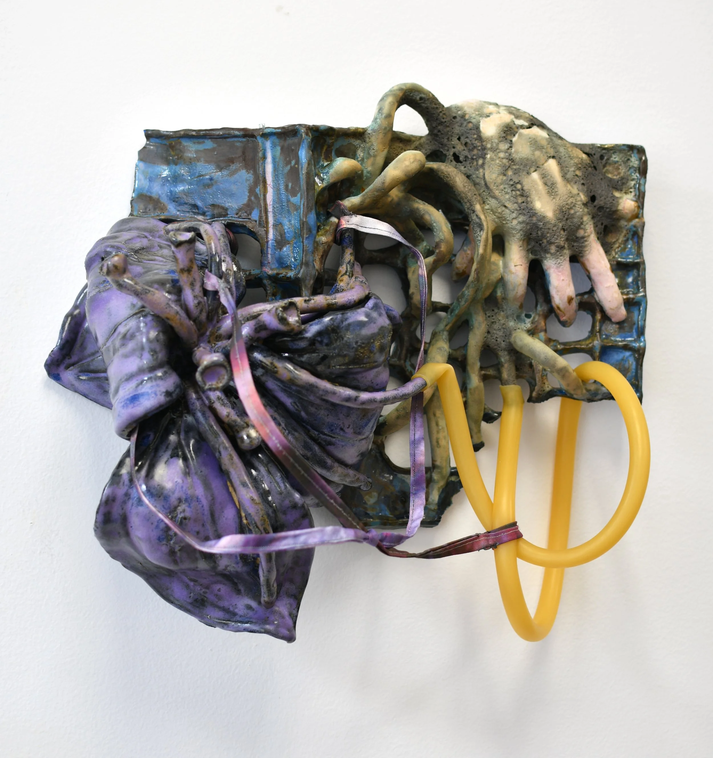 Rachel Frank,  Bat Plant Healing Exchange, , 2026, Ceramic stoneware with glazes, digitally printed fabric, thread, silicone tubing, and epoxy, 14 x 15 x 8 in
  INQUIRE  