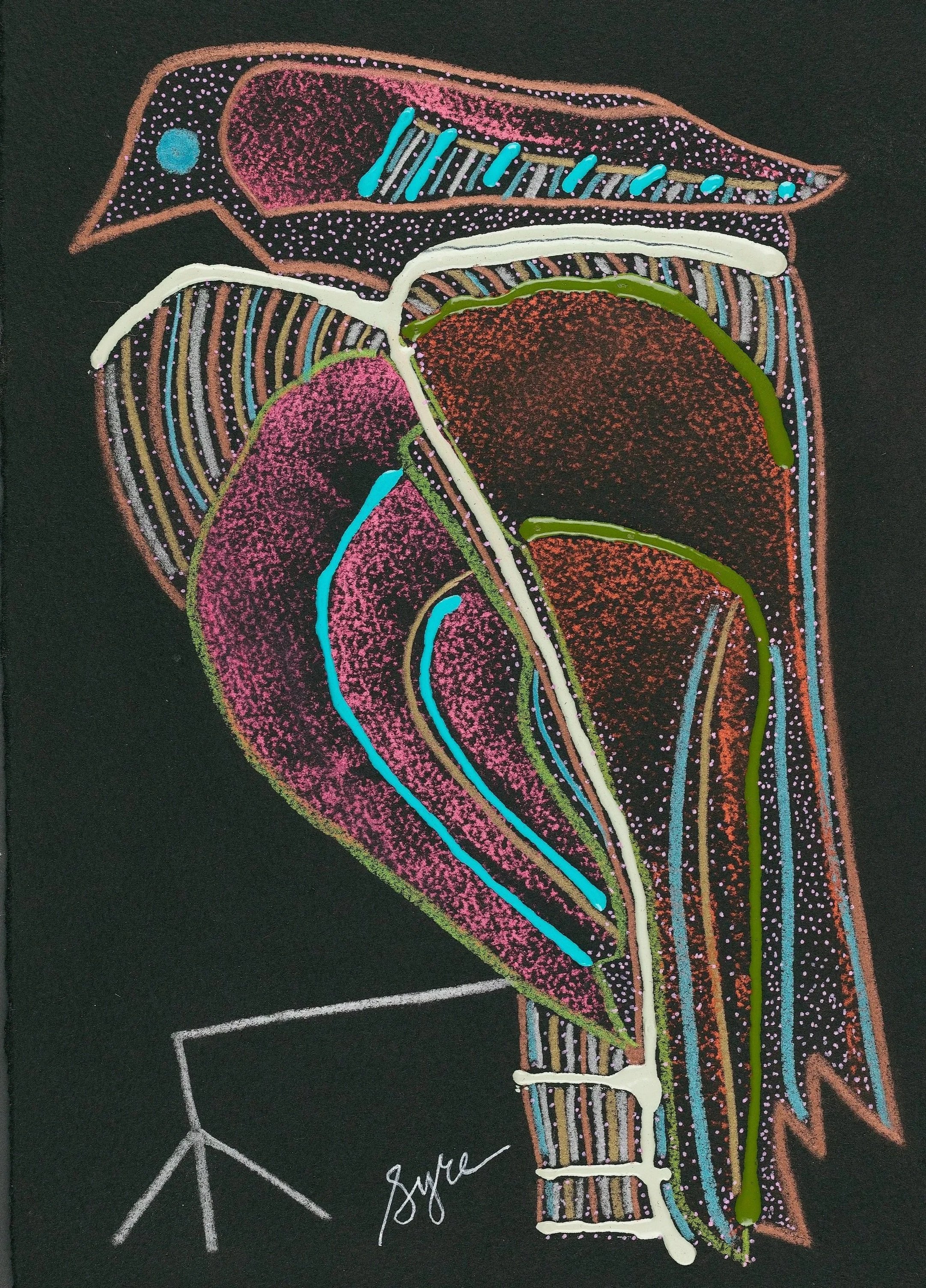 David Syre,  Sabino King Fisher , 2025
Prisma crayon, ink pen, acrylic on black paper
11 x 7 1/2 in
27.9 x 19.1 cm   INQUIRE  