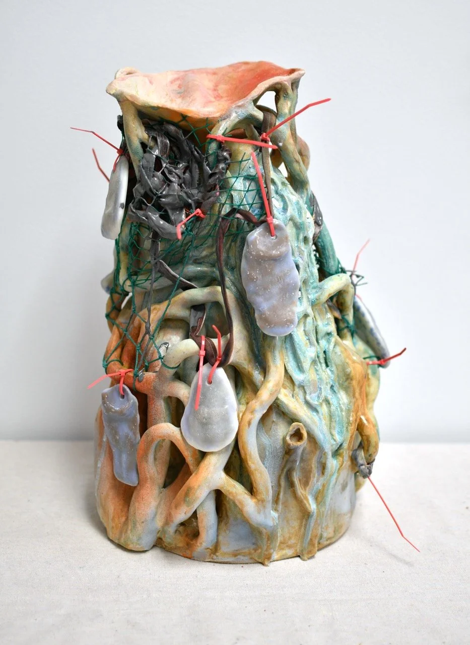 Rachel Frank,  Chrysalid Fleshy Entanglement Vessel , 2026, Stoneware ceramic with glazes, fabric, thread, twine, acrylic, plastic produce netting, cast glass, and zip-ties, 16 1/2 x 10 x 10 in
  INQUIRE  