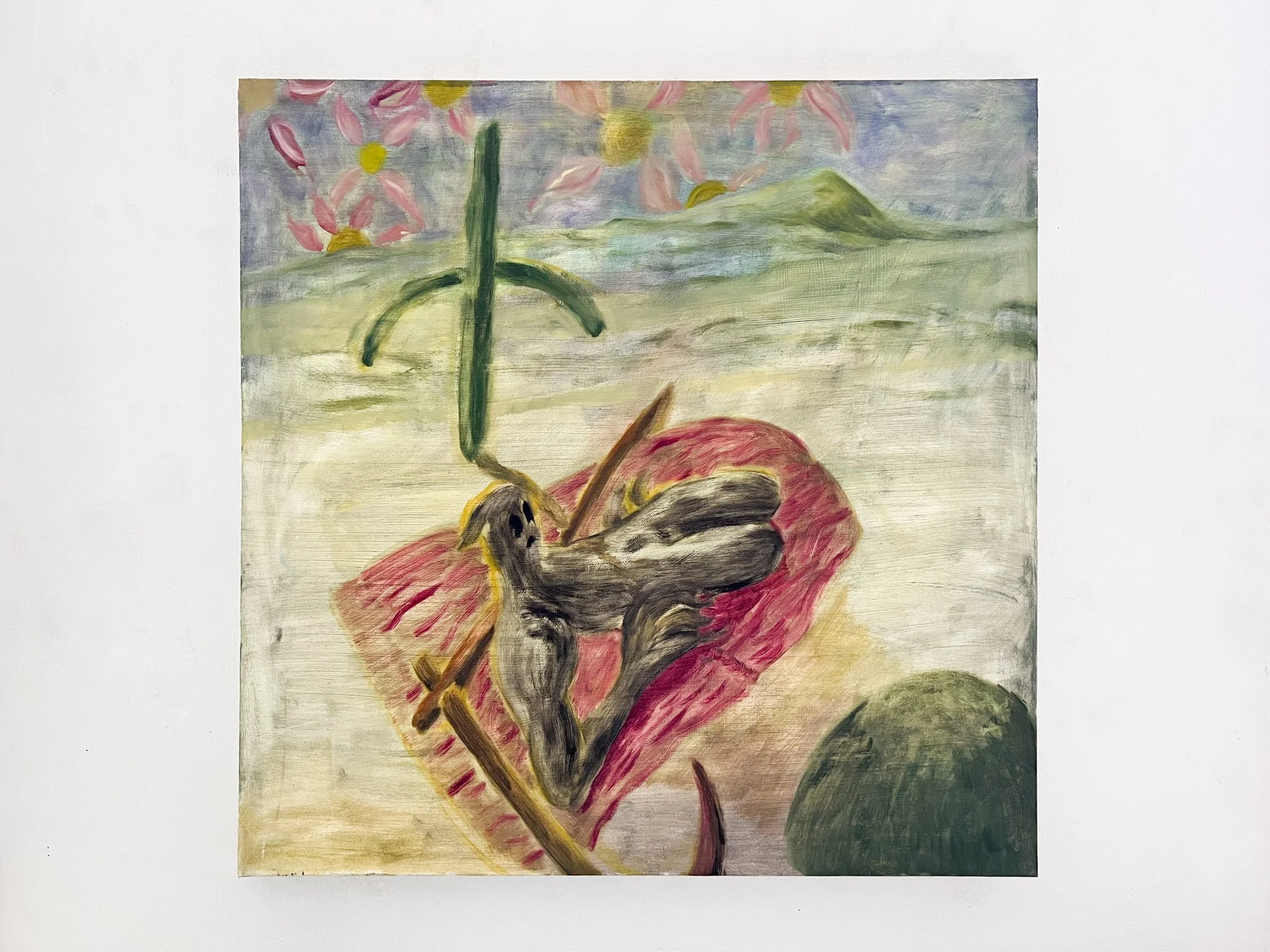 Josh Feigin, Holiday Pics of Death , 2023, Oil on canvas, 24 x 24 in. INQUIRE