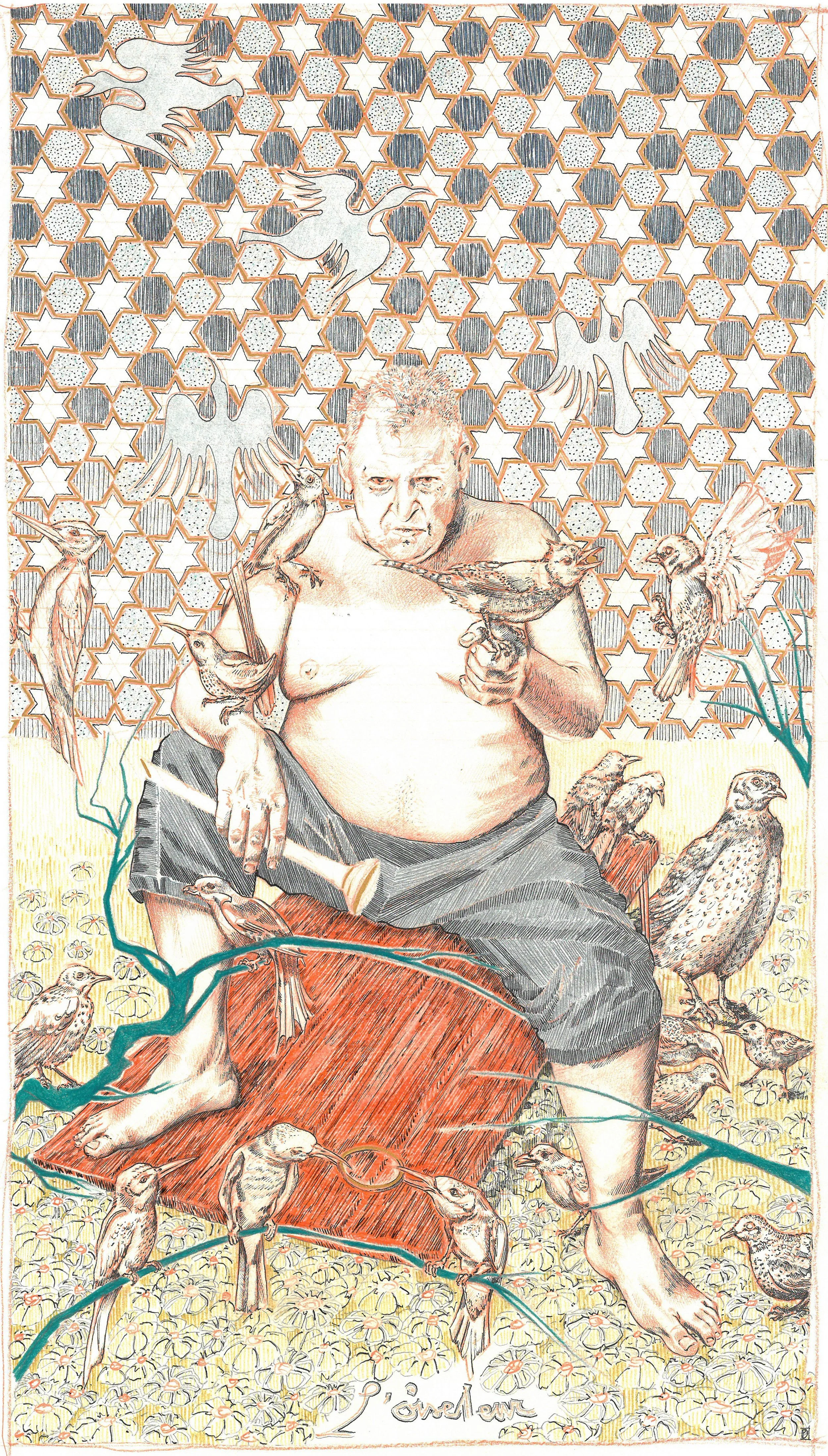 Peter Depelchin,  L'oiseleur , 2025, Color pencil and graphite pencil, pen and ink on Canson paper, 15 1/2 x 8 7/8 in.   INQUIRE  