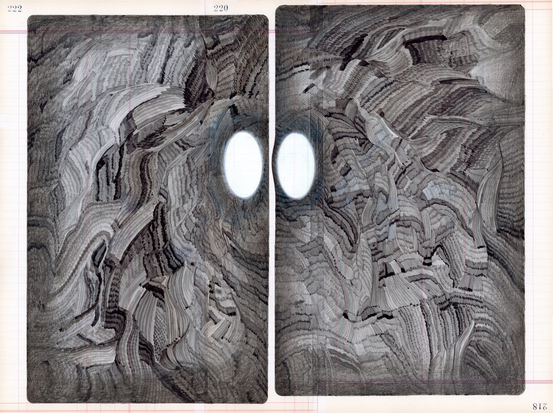 Alexandra Borovski,  Two Ovals,  2026, Ink on antique ledger paper, 15 x 20 in
  INQUIRE  
