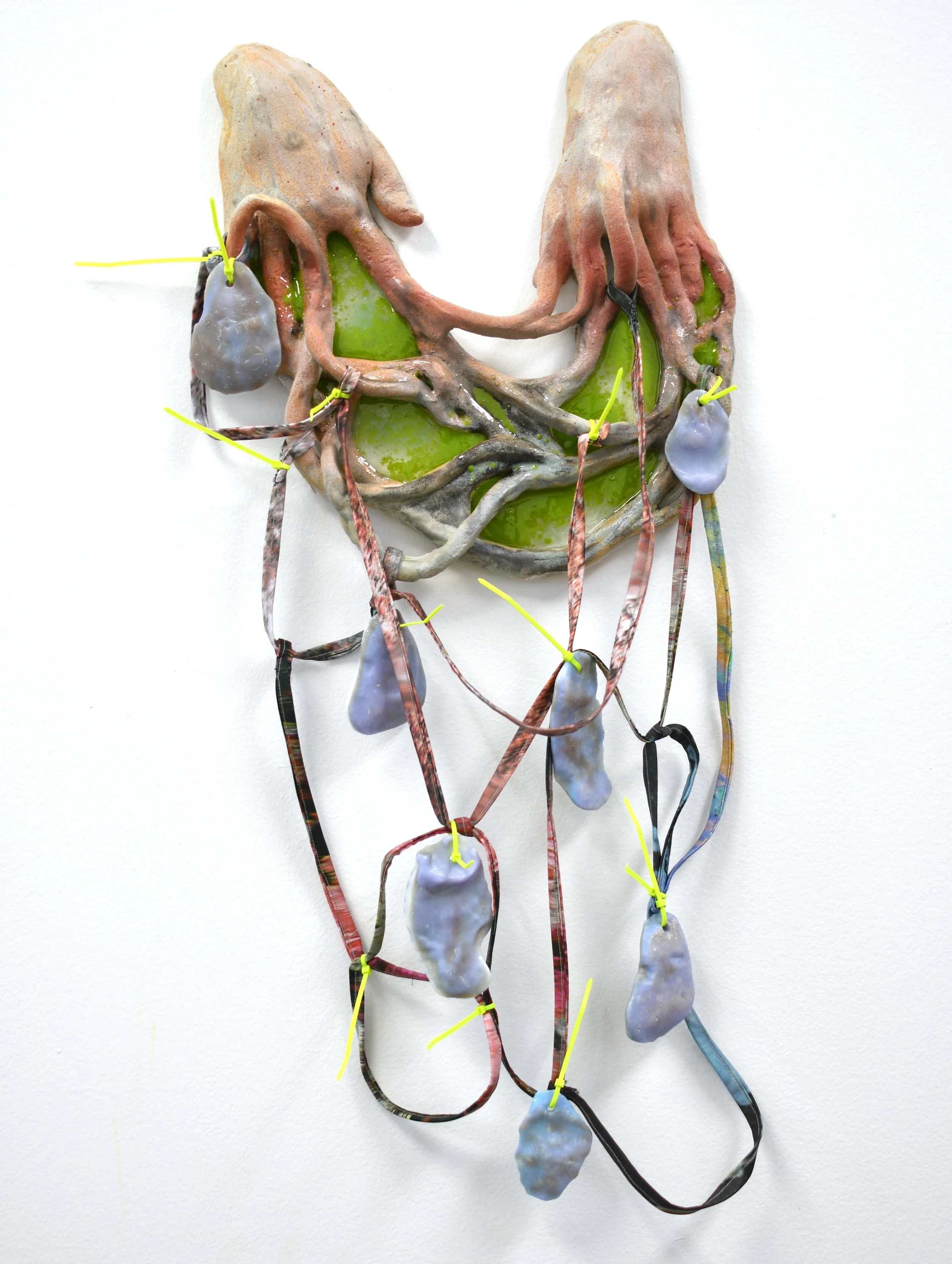 Rachel Frank,  Chrysalid Neo-Generative Algae and Oyster, , 2026
Stoneware ceramic with glazes, fused and cast glass, fabric, thread, resin, and zip-ties, 25 1/2 x 14 1/2 x 3 in
  INQUIRE  