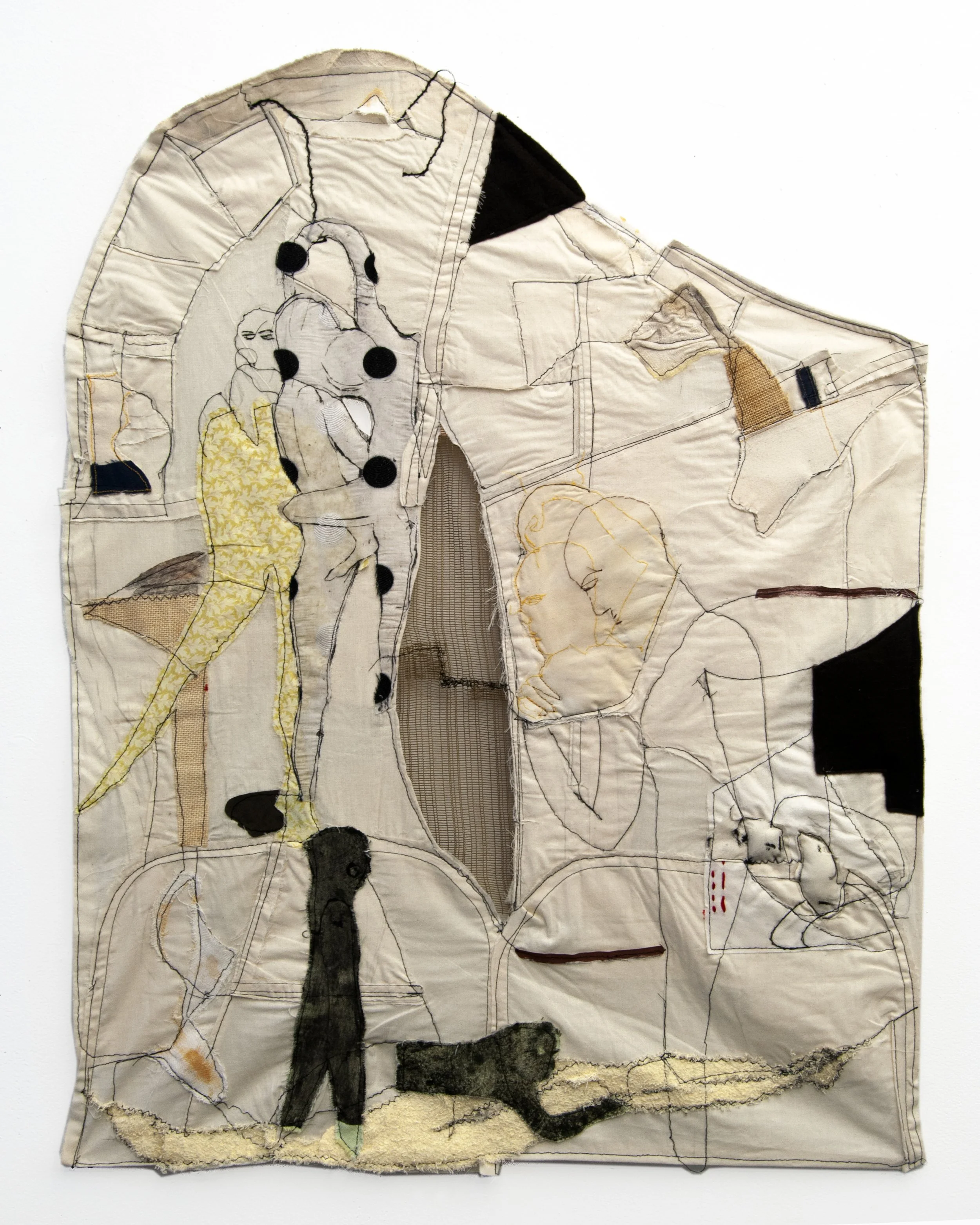 Fanny Allié, Black Dots, 2025, Found fabric and collagraph prints, 36 x 27 in
  INQUIRE  