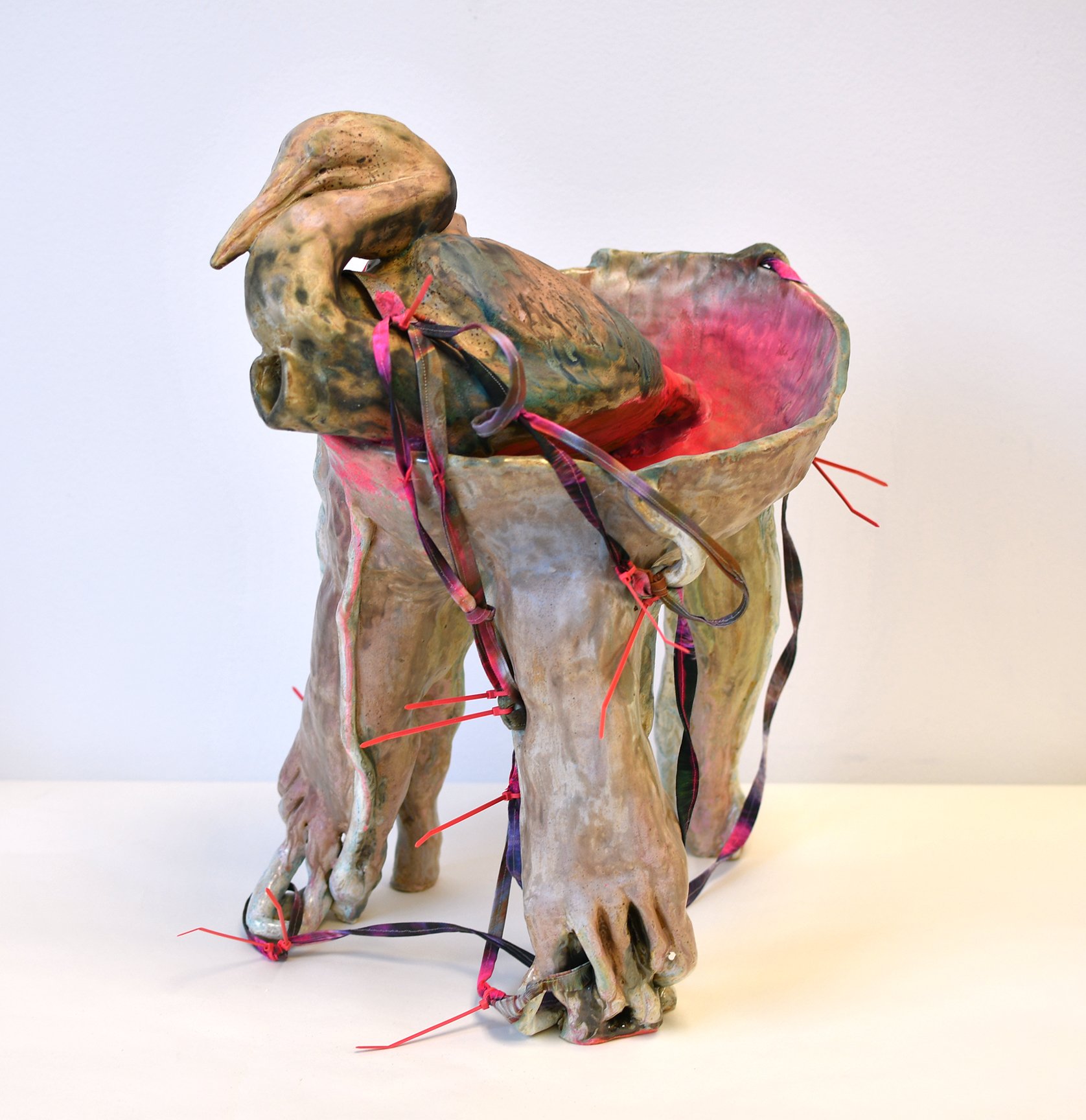 Rachel Frank, Chrysalid Metamorphosis Dual Protective Vessel , 2025, Stoneware ceramic with glazes, fabric, thread, zipties, epoxy, 19 x 15 x 14 in. INQUIRE