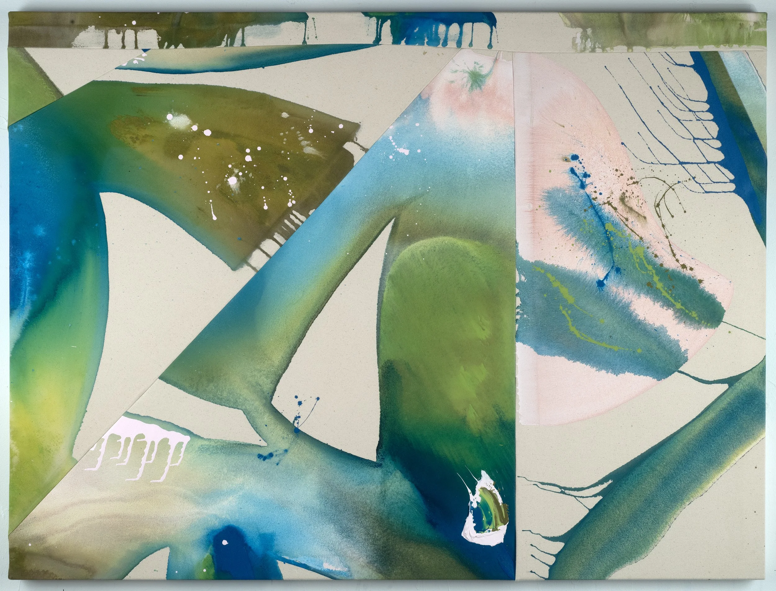 Abstract watercolor painting with green, blue, pink, and black hues, featuring splashes and brushstrokes on a white background.