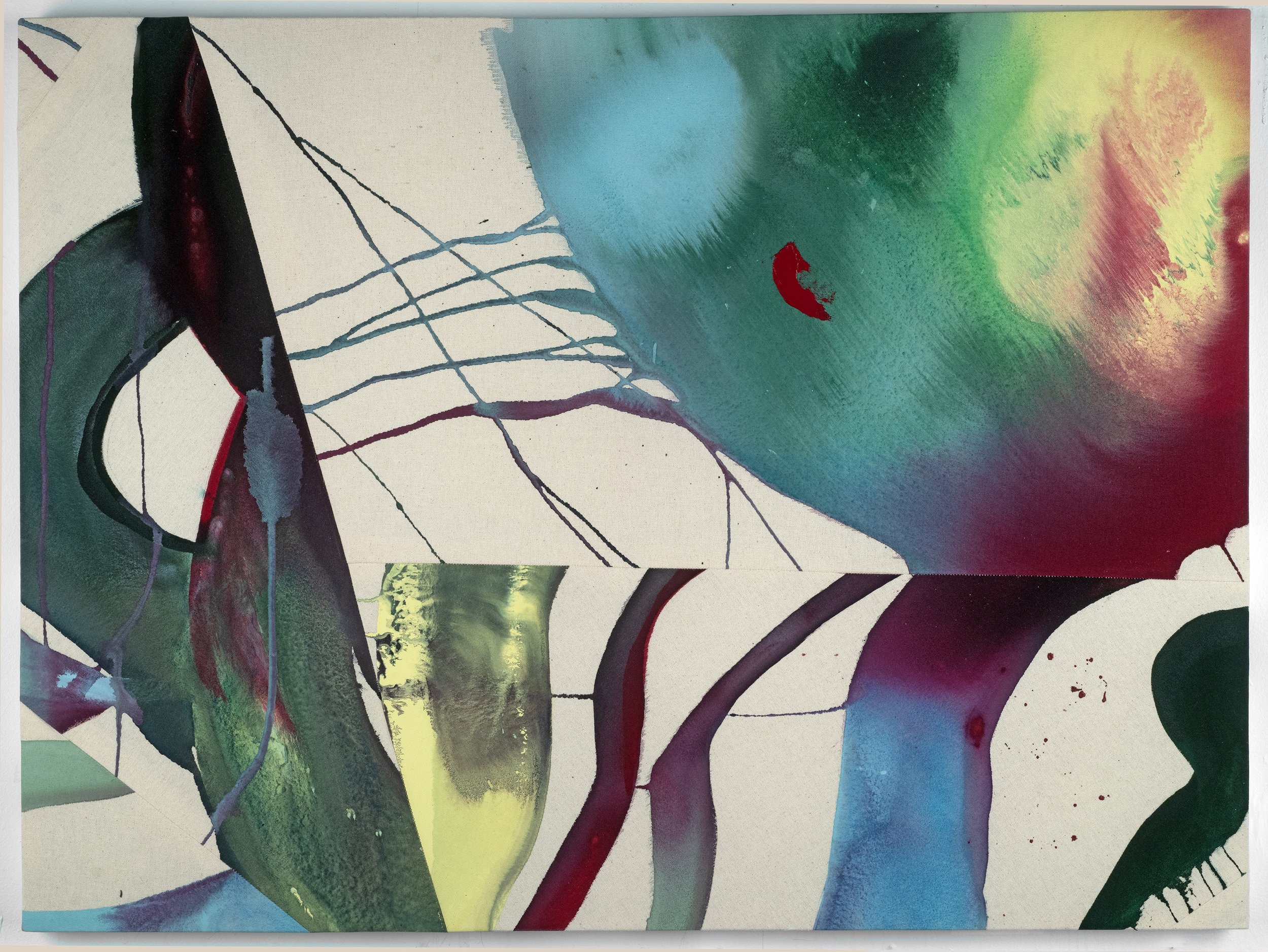 Abstract watercolor painting with fluid shapes and vibrant colors, including green, red, blue, yellow, and black, with lines and splashes.