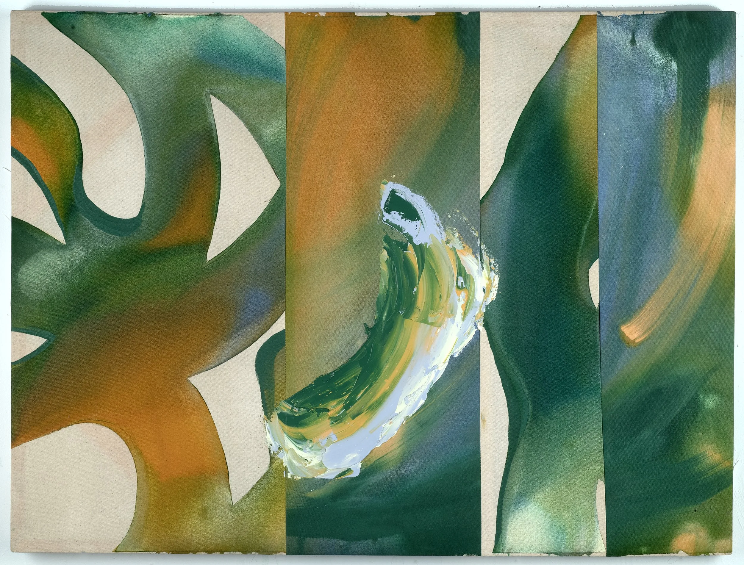 Abstract painting with curved shapes in green, brown, yellow, and white, divided into four vertical panels.