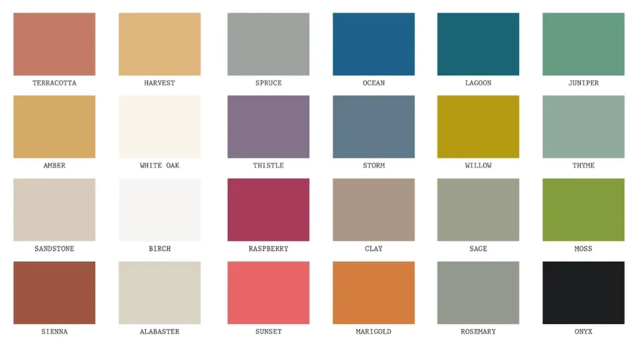 A color palette chart with 20 colors, each labeled with their name: Terracotta, Harvest, Spruce, Ocean, Lagoon, Juniper, Amber, White Oak, Thistle, Storm, Willow, Thyme, Sandstone, Birch, Raspberry, Clay, Sage, Moss, Sienna, Alabaster, Sunset, Marigold, Rosemary, Onyx.
