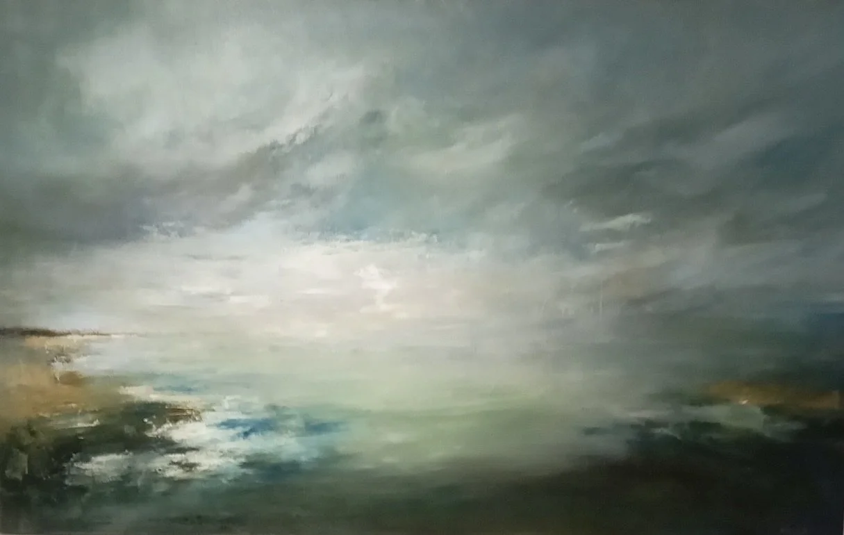 Atmospheric seascape painting of a cloudy sky over water with muted green, blue, grey, and ochre tones.