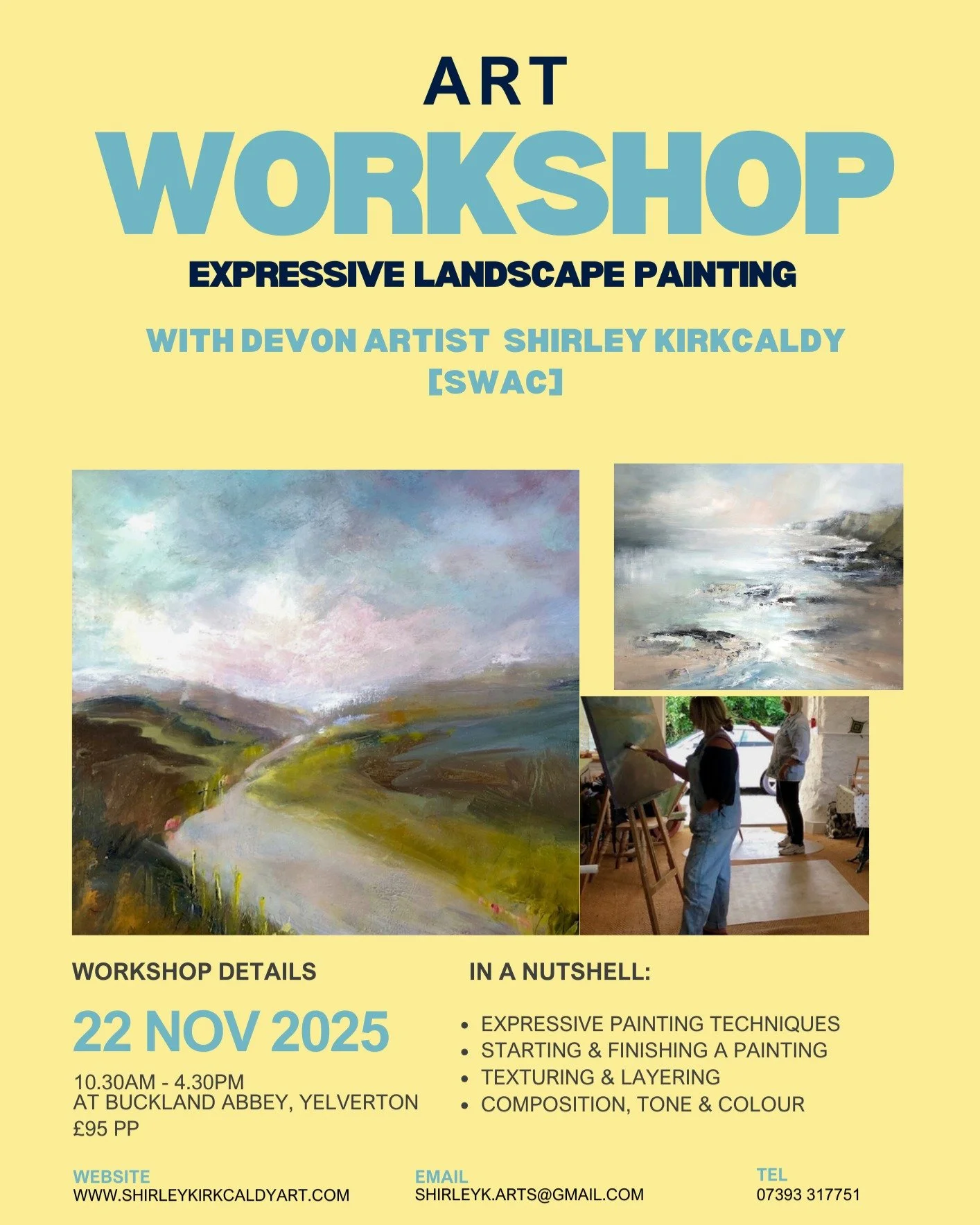 'Expressive Landscape Painting' workshop at Buckland Abbey on Nov 22nd is now full but due to continuing enquiries an additional date may be scheduled. To gauge interest please get in touch for further info. Many thanks. 
https://www.shirleykirkcaldy