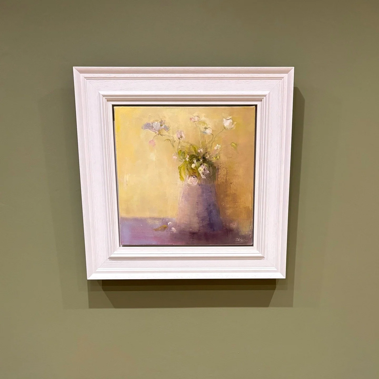 A'Freesias' an original oil painting sold a while ago, now reframed by its happy owner. Looking good against that wall colour!