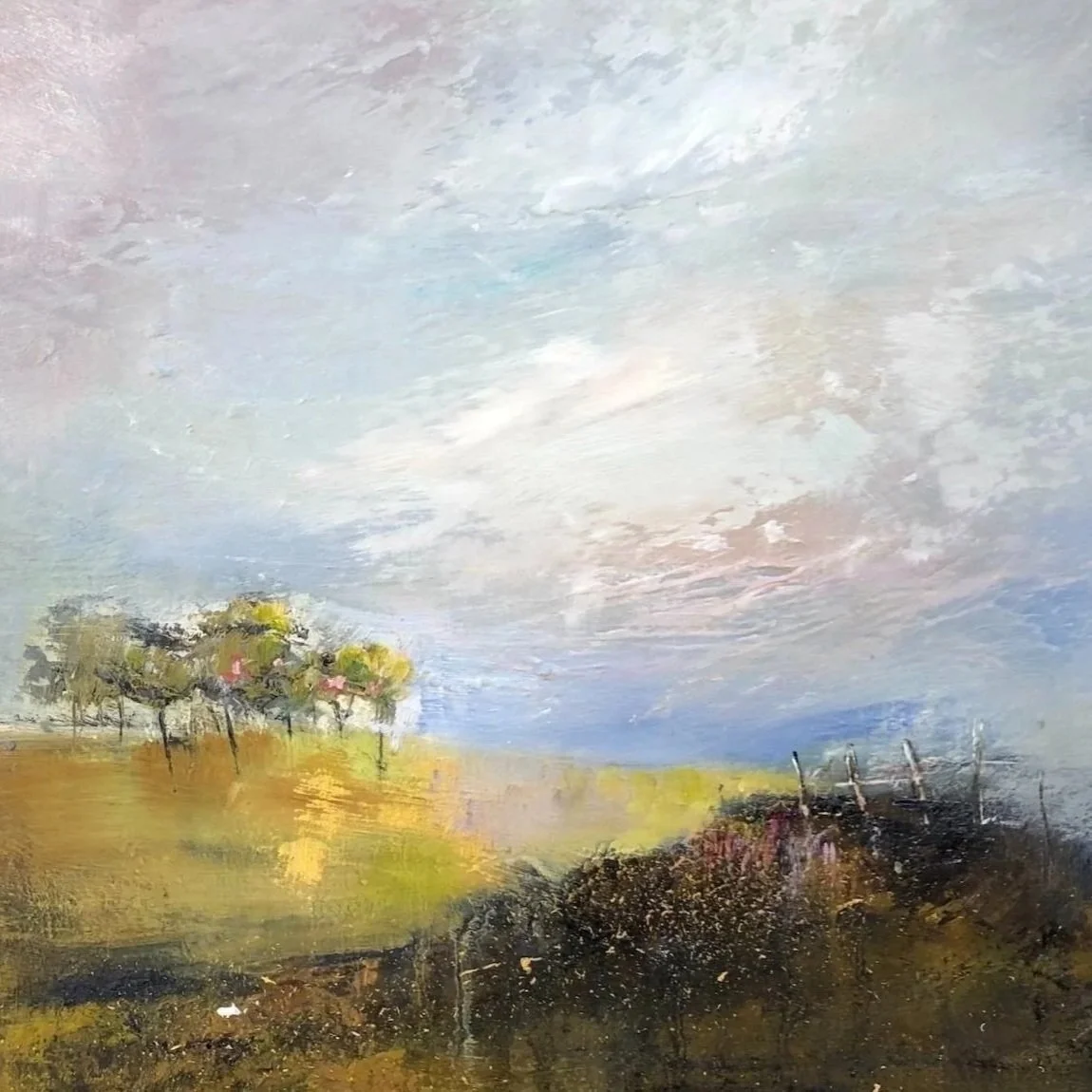 Distant Hawthorn. Oil on Board - 35cm x 35cm. Sold.