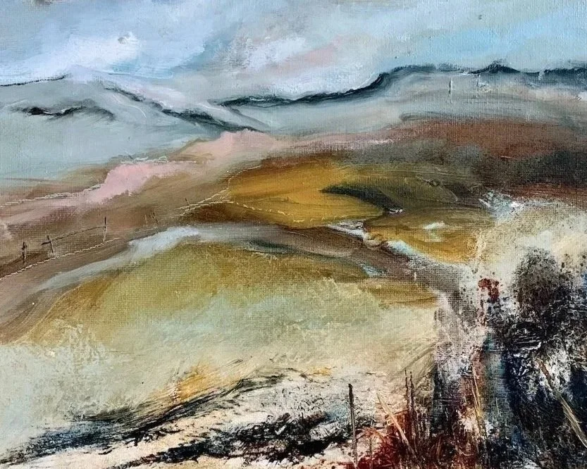 Quiet Spaces and Blue Skies, Dartmoor. Mixed Media on Board. Original Available.