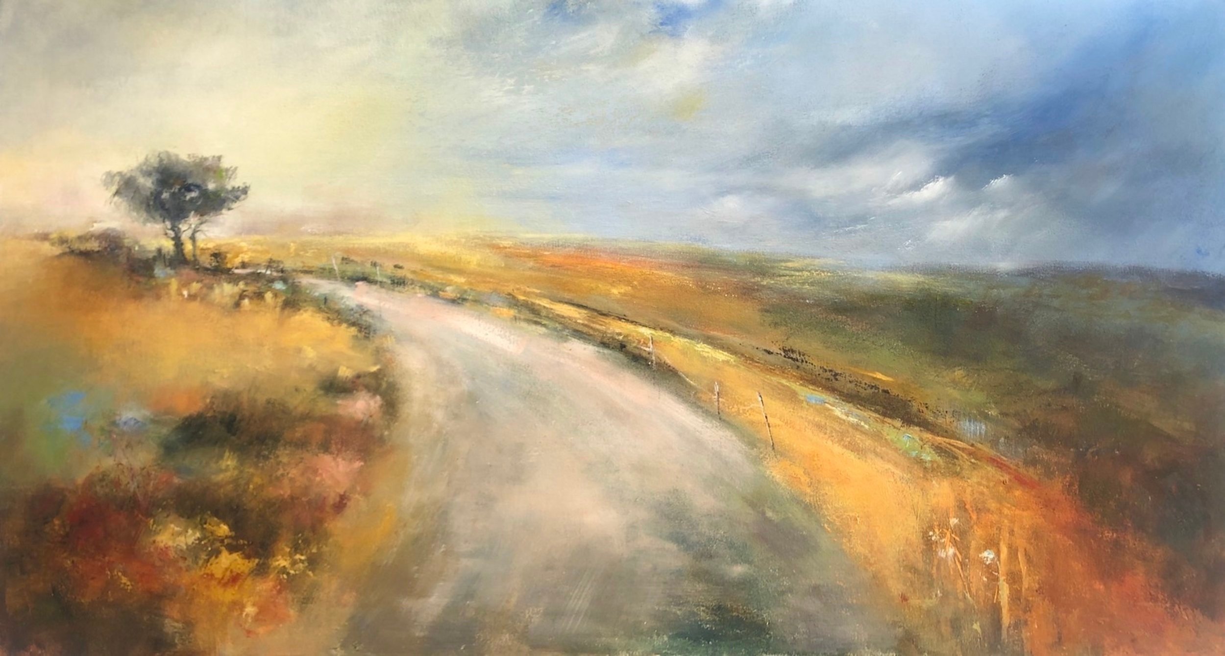 A landscape painting of a winding dirt road through fields with a single tree on the left and a cloudy sky overhead.