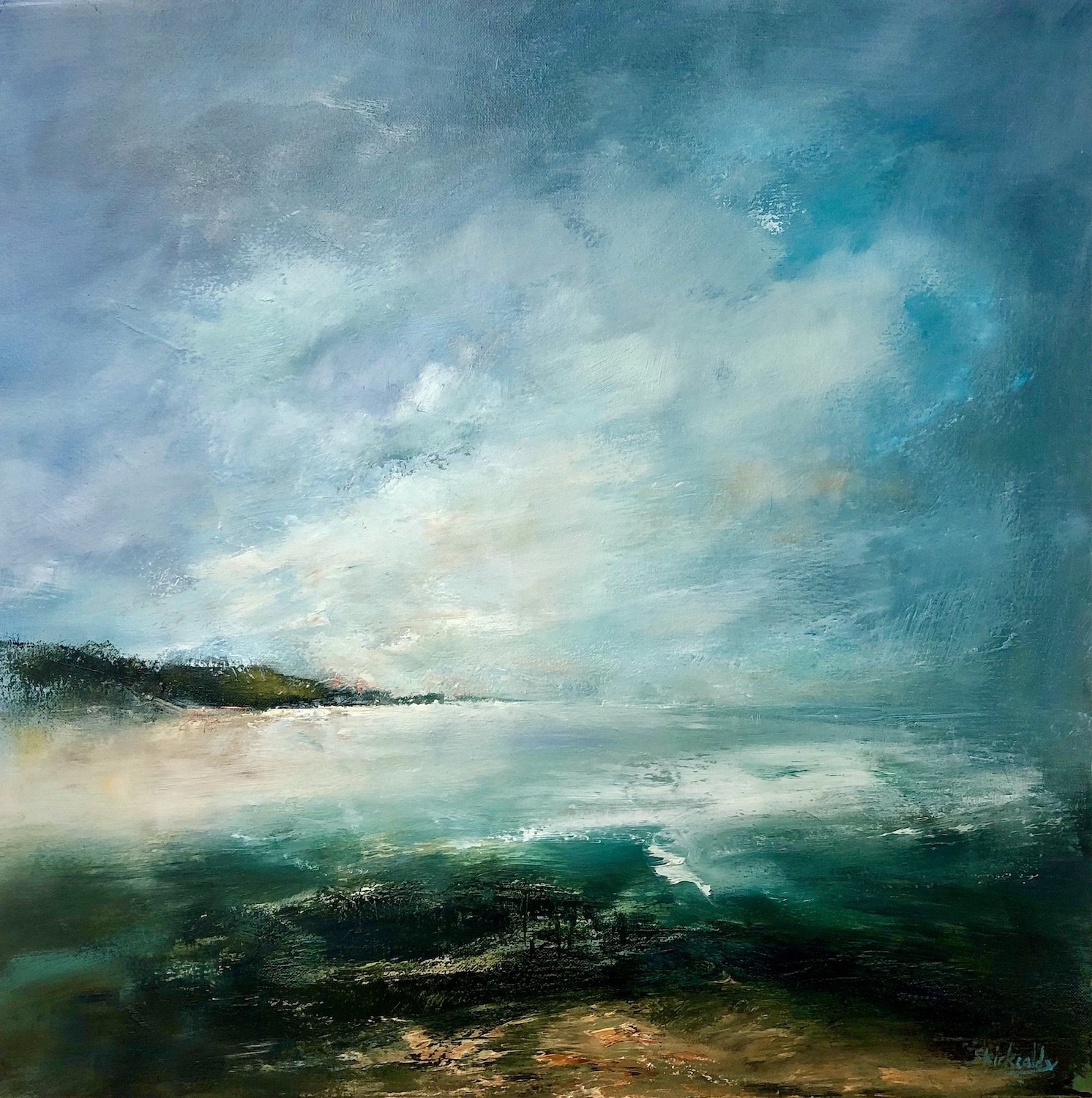 A painting of a coastal scene with a cloudy sky, distant shoreline, and ocean waves.