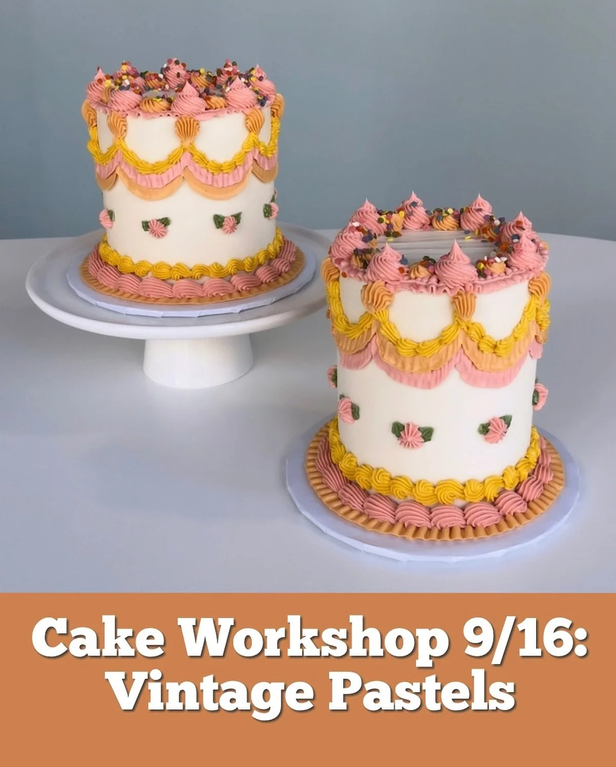 We have a couple spots left in our SUPER fun Vintage Pastel cake decorating workshop next Tuesday, Sep 16th, from 5-7pm. We get a LOT done in two hours and you&rsquo;ll walk away with a stunning cake that you decorated yourself, and the skills and co
