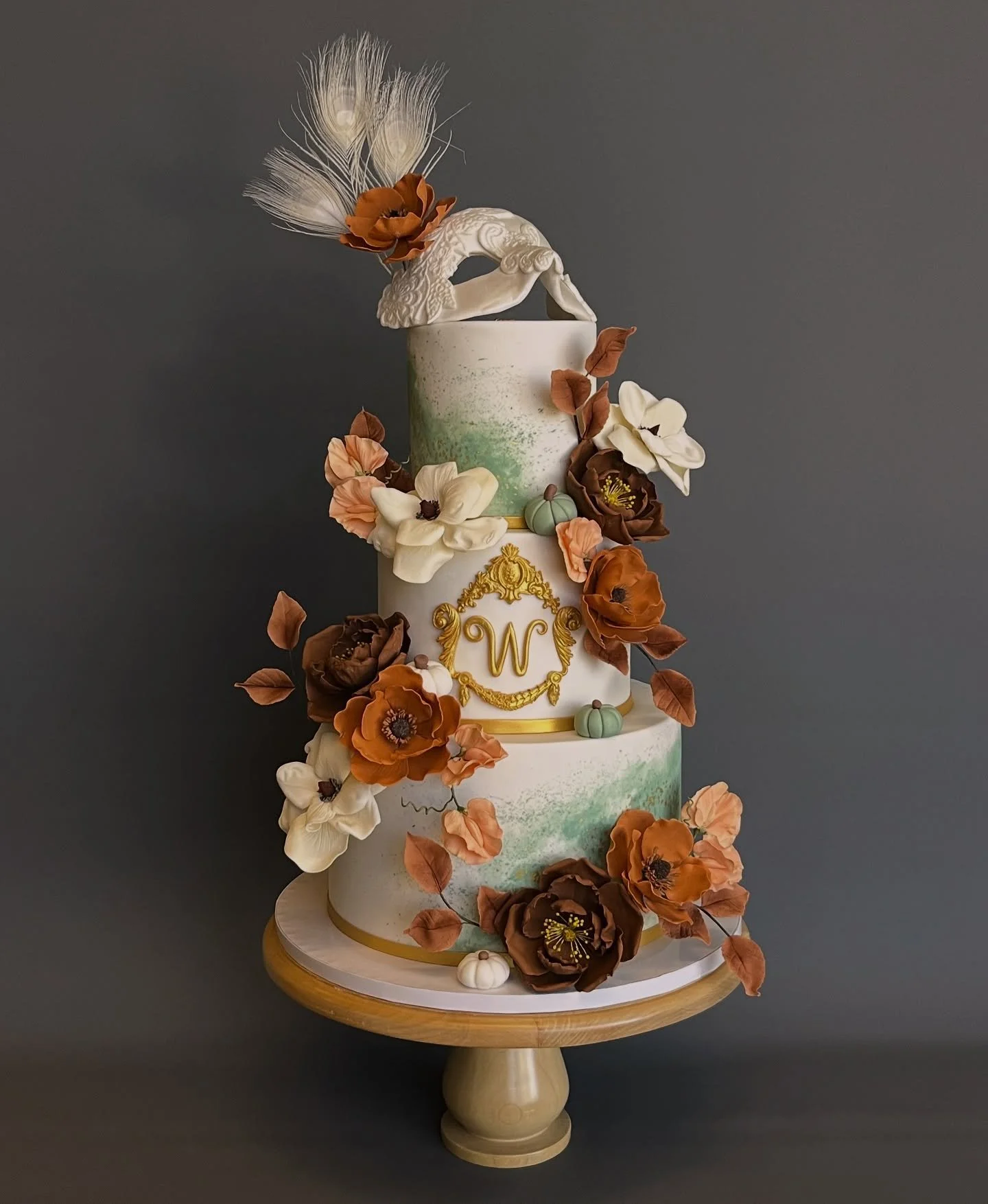 One of those one-of-a-kind cakes that stands alone, not a copy of anyone else&rsquo;s design, not a design we&rsquo;d probably recreate for anyone else &mdash; JUST a one-off, special and memorable confection for Amanda and Saige today. Their autumn 