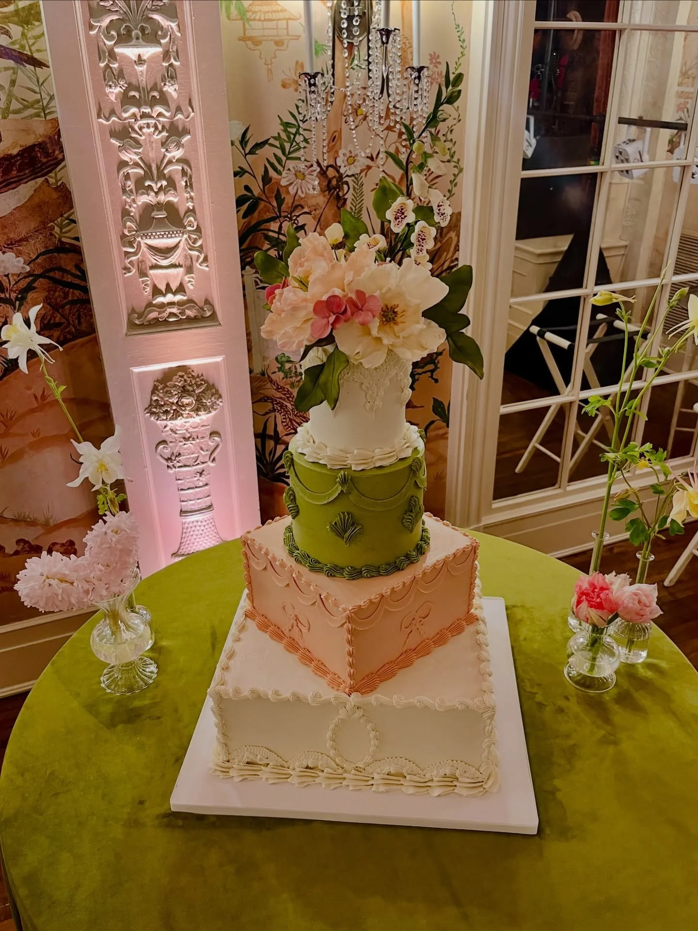 For Ellen and Patrick: Four tiers of VEGAN cake to capture the couple&rsquo;s gorgeous palette of pink and chartreuse, and evoke the bride&rsquo;s parents&rsquo; wedding cake as well. Piped vintage buttercream details using my signature vegan butterc
