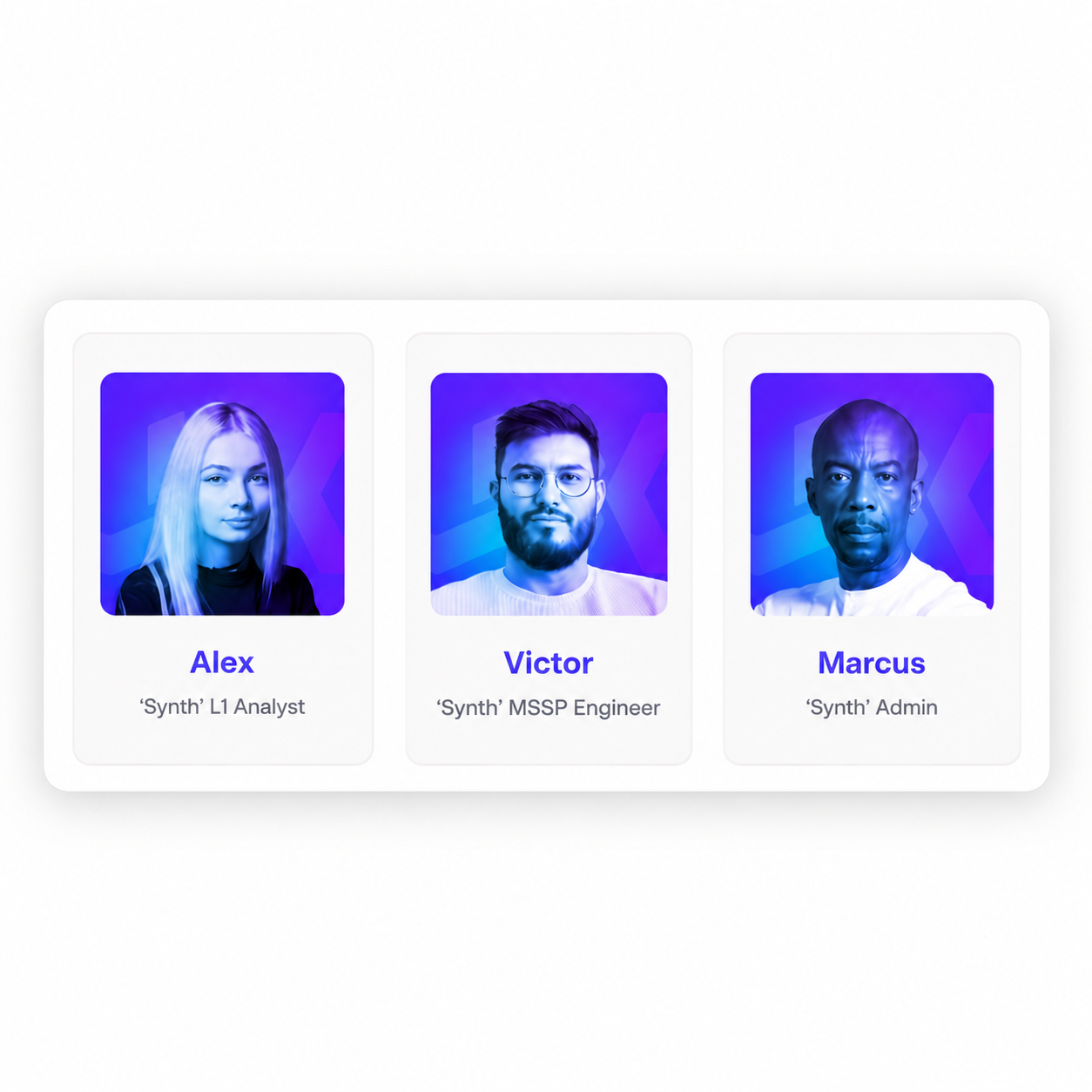 Three synthetic user persona cards featuring Alex, an L1 Analyst; Victor, an MSSP Engineer; and Marcus, an Admin, with purple and blue portraits.