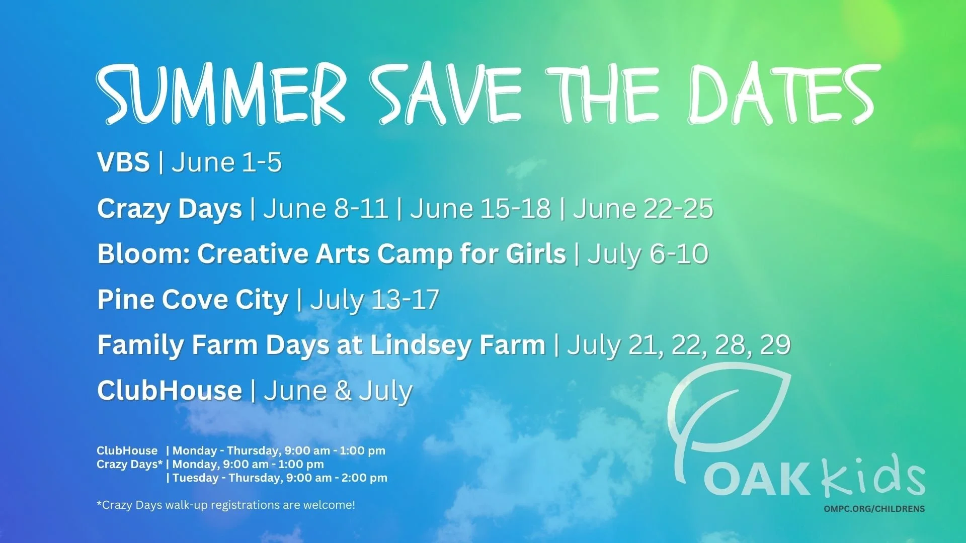Oak Kids Summer Save the Dates