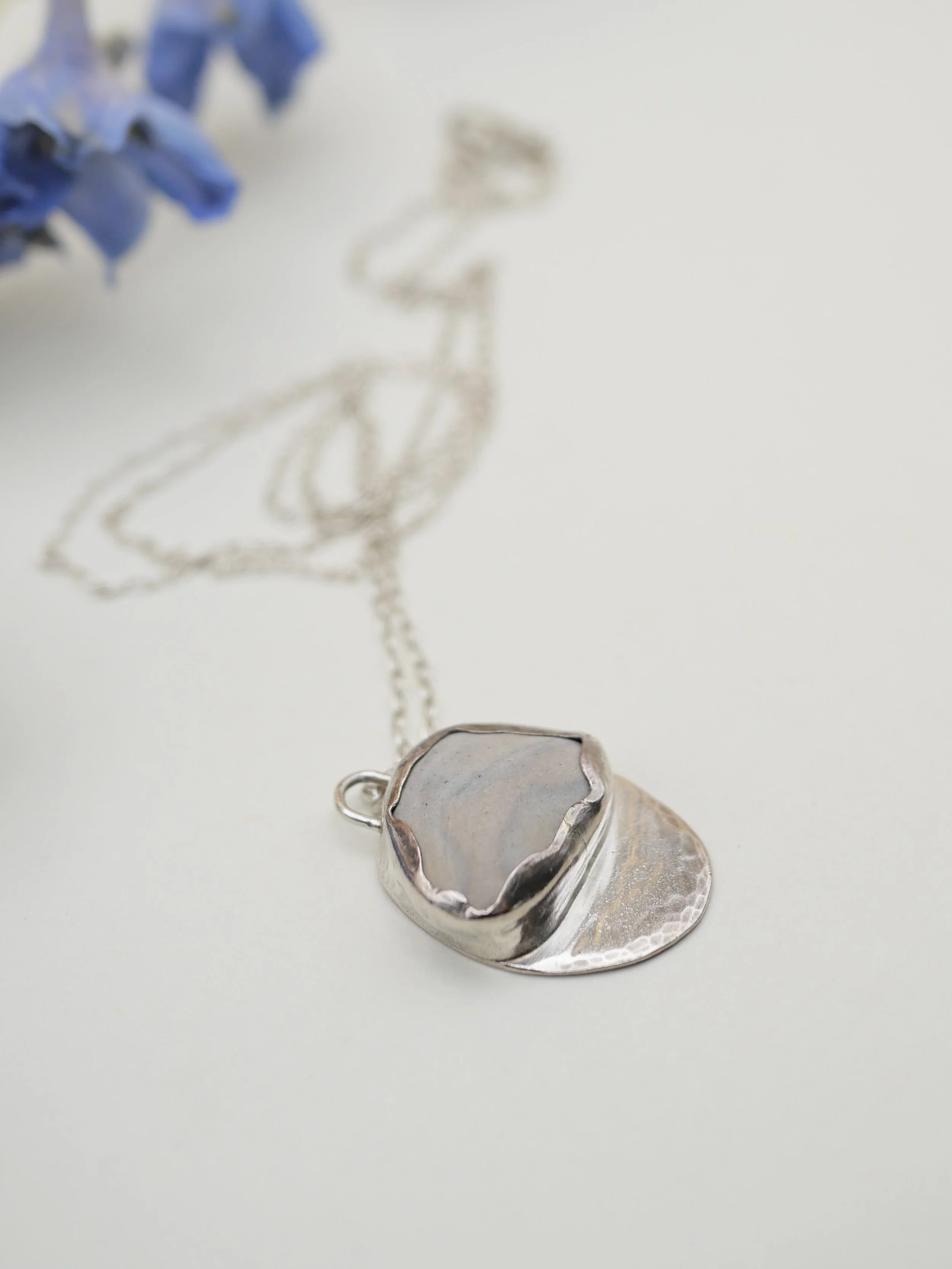 Shoreline Pendant - Lake Michigan Pebble in Hammered Silver