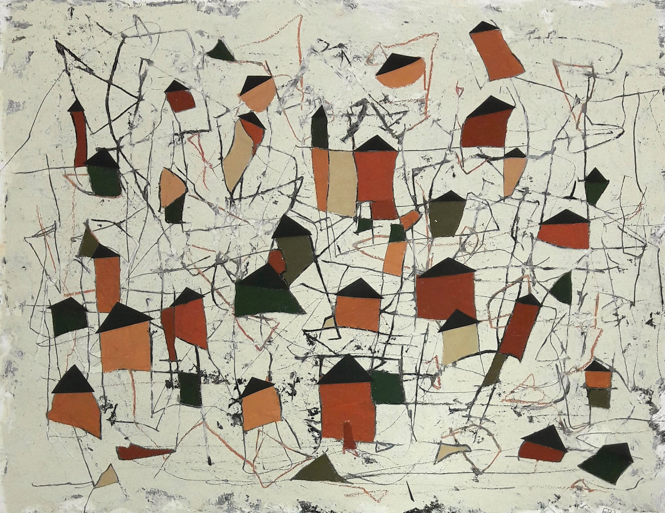 "Die Häuser", 2020, MT auf Papier, 50 x 65 cm