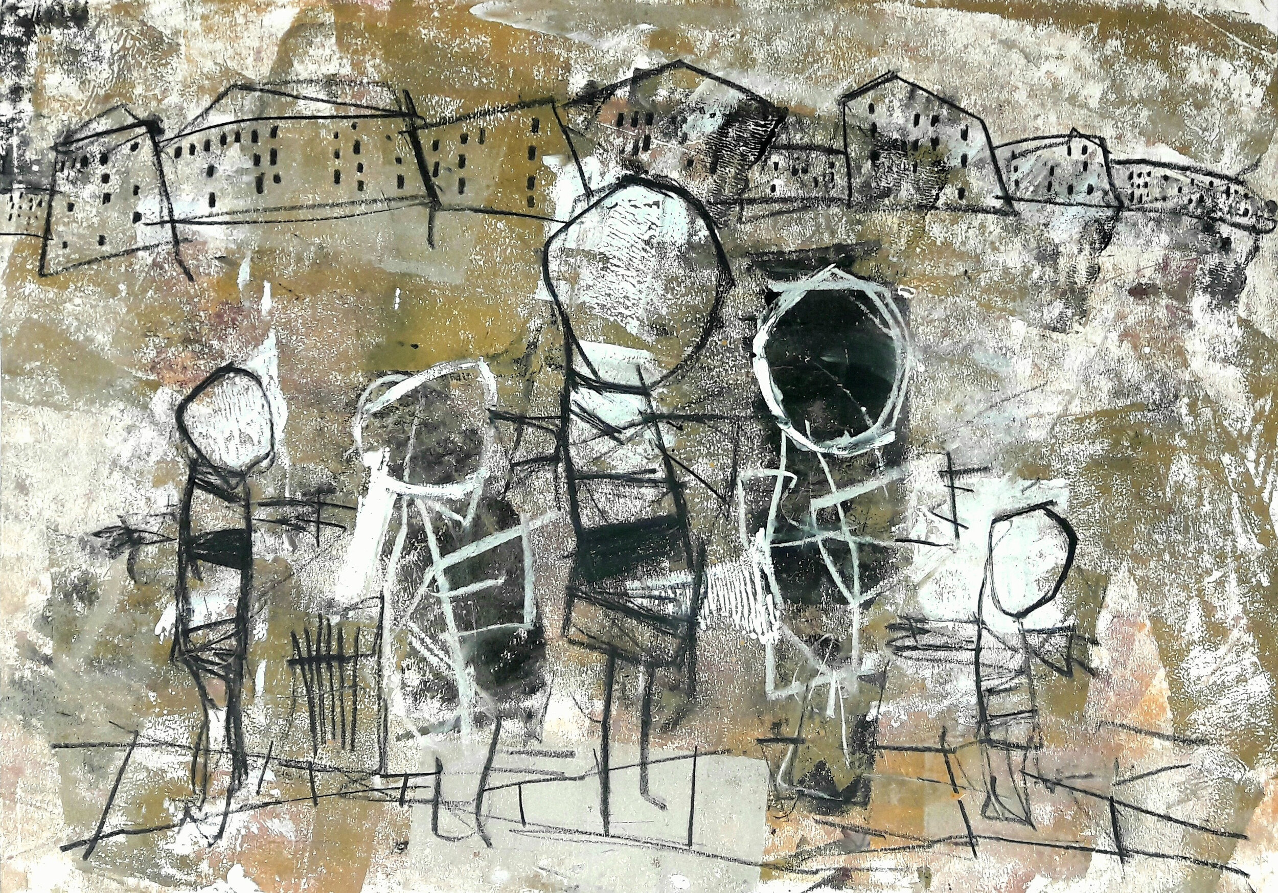 "Zu fünft unterwegs", 2020, MT auf Papier, 50 x 70 cm