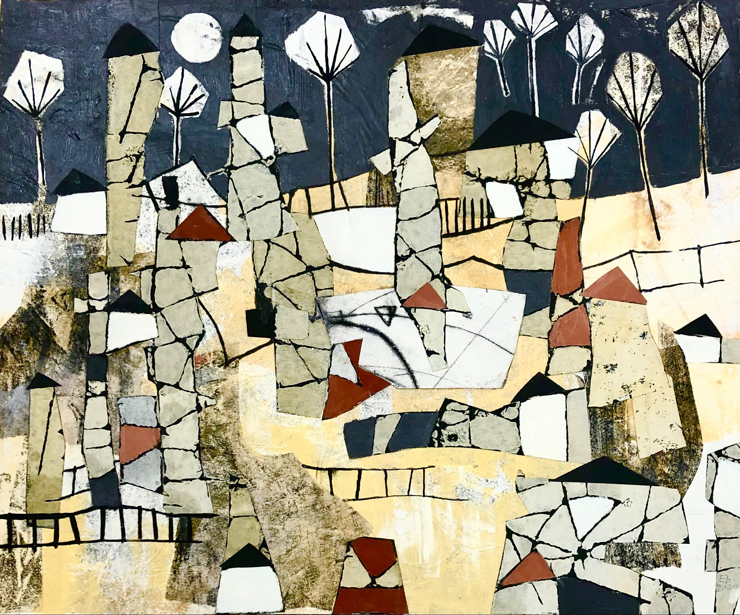 "Zwischen den Bäumen", 2020, MT auf Papier, 34 x 41 cm