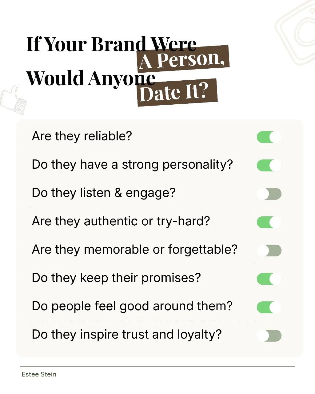 If your brand were on Tinder&hellip;would it get right swipes or ghosted? 👀⁠
⁠
#brandstrategy #brandingtips #consumerpsychology #marketingtips #brandpersonality #contentstrategy #esteestein