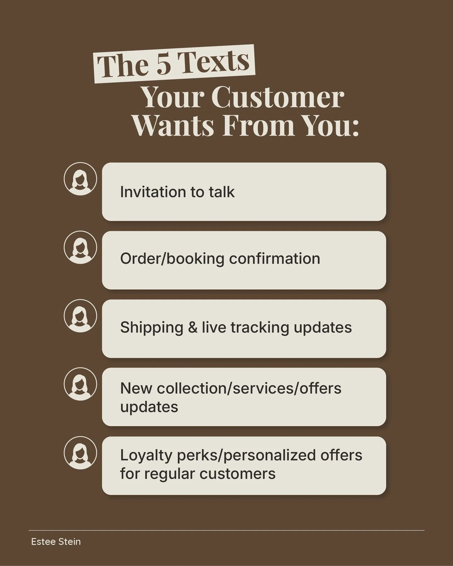 Customers don&rsquo;t want &ldquo;1000 messages&rdquo;; they want only useful ones.⁠
⁠
Build your DMs around these five and you&rsquo;ll earn opens, clicks, and trust:⁠
⁠
Invitation to talk: Offer texting as a channel. Let them choose how to reach yo