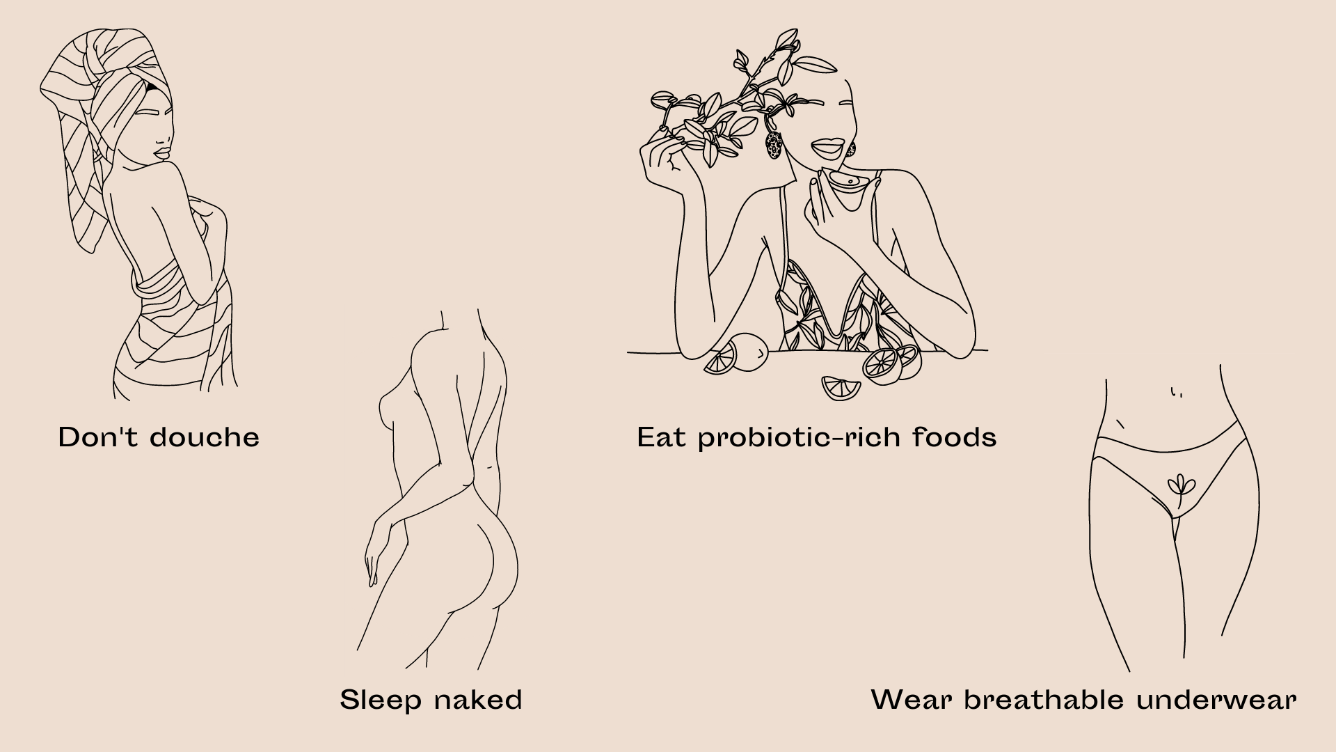 tips for healthy vaginal microbiome, sleep naked, don’t douche, eat probiotic-rich foods, wear breathable underwear