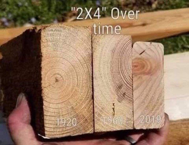 This is an awesome visual representation of the change in dimensional lumber over time. Apart from the size, take note of the grain structure. The lumber of today is underdeveloped and immature. This is the cause of a lot of building issues that we d