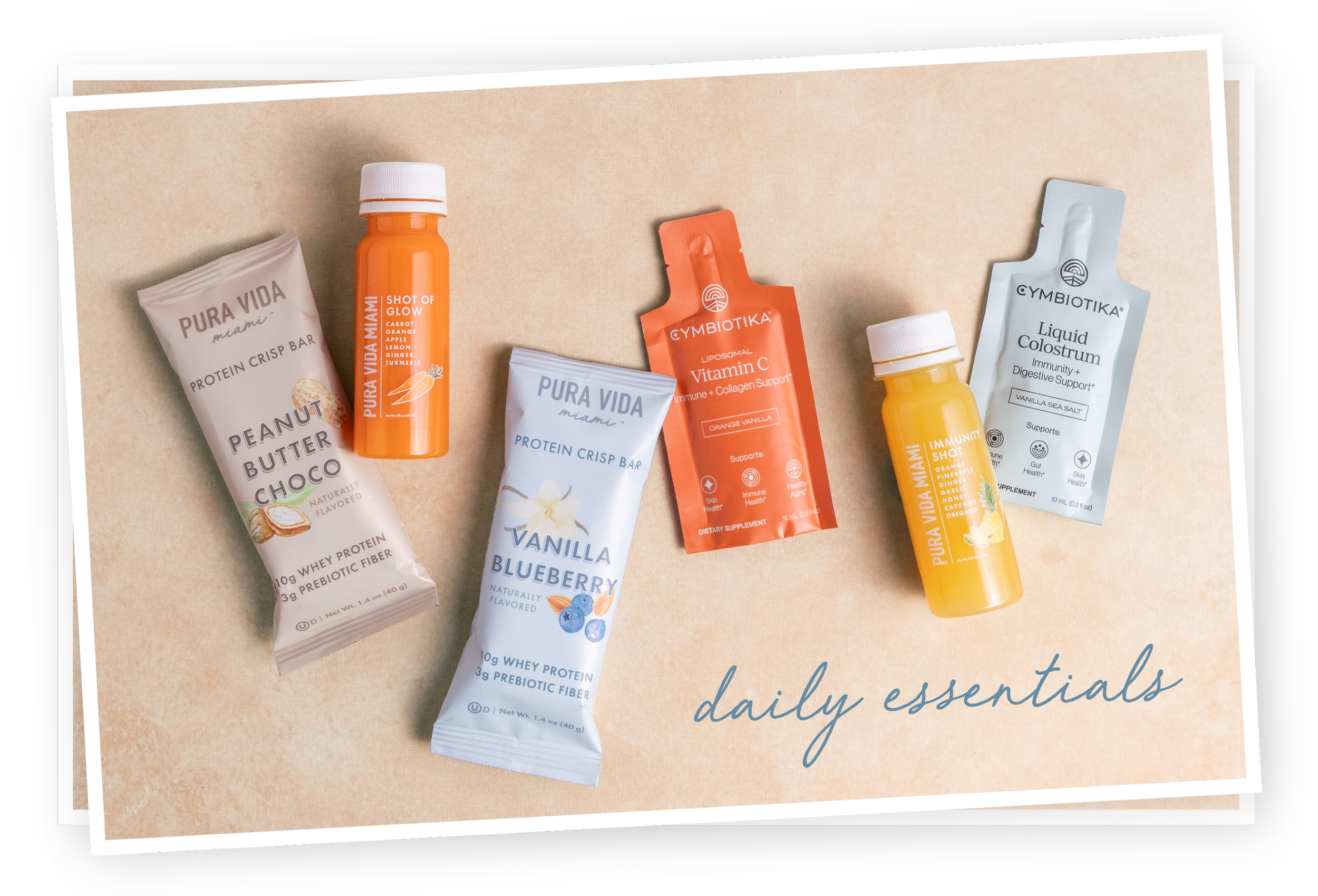 Daily Essentials: Wellness Shots, Protein Crisp Bars, Cymbiotika Packets