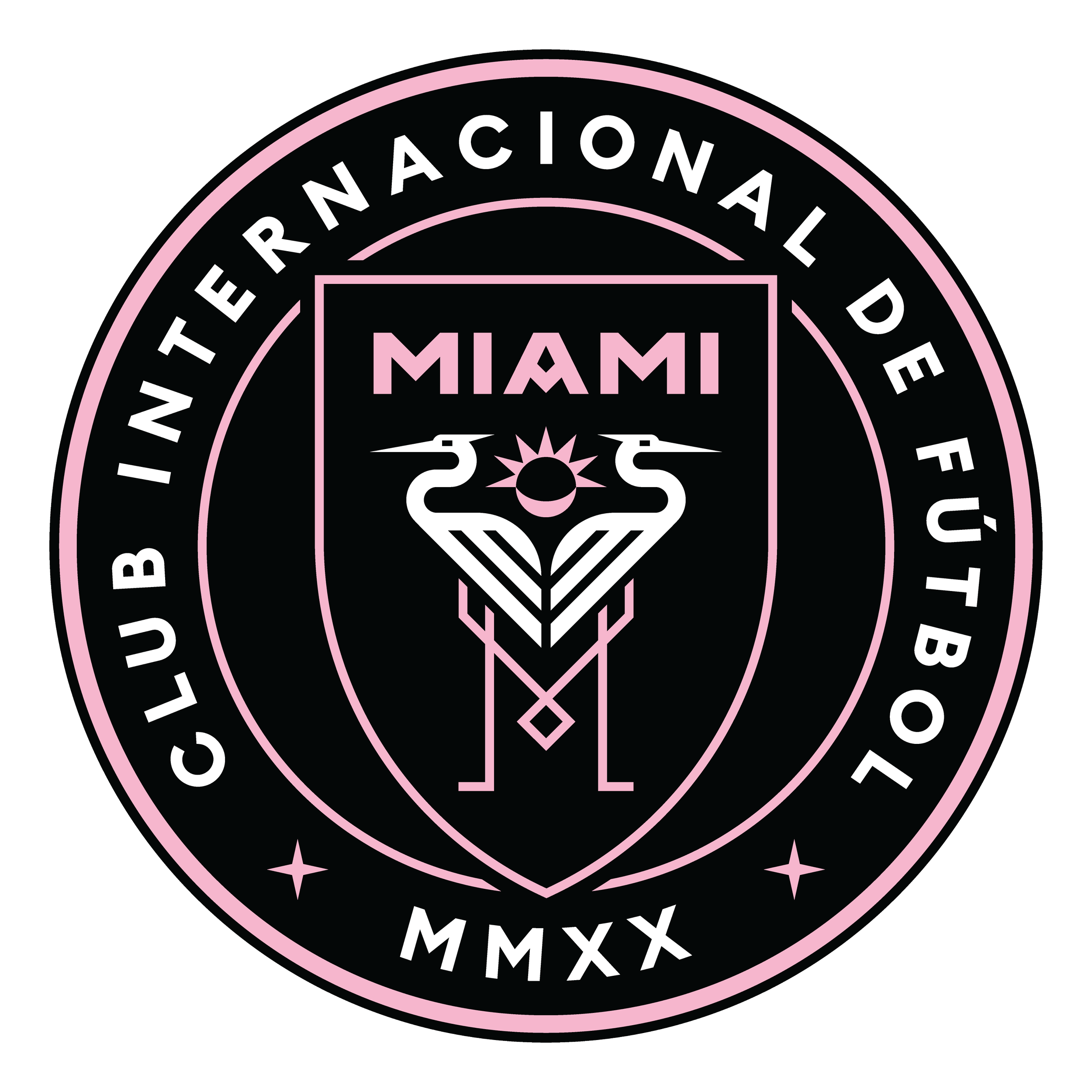 Miami design with a black background, pink and white lines, featuring the word MIAMI and the year MMXX, surrounded by the words 'Club Internationale De Futbol'