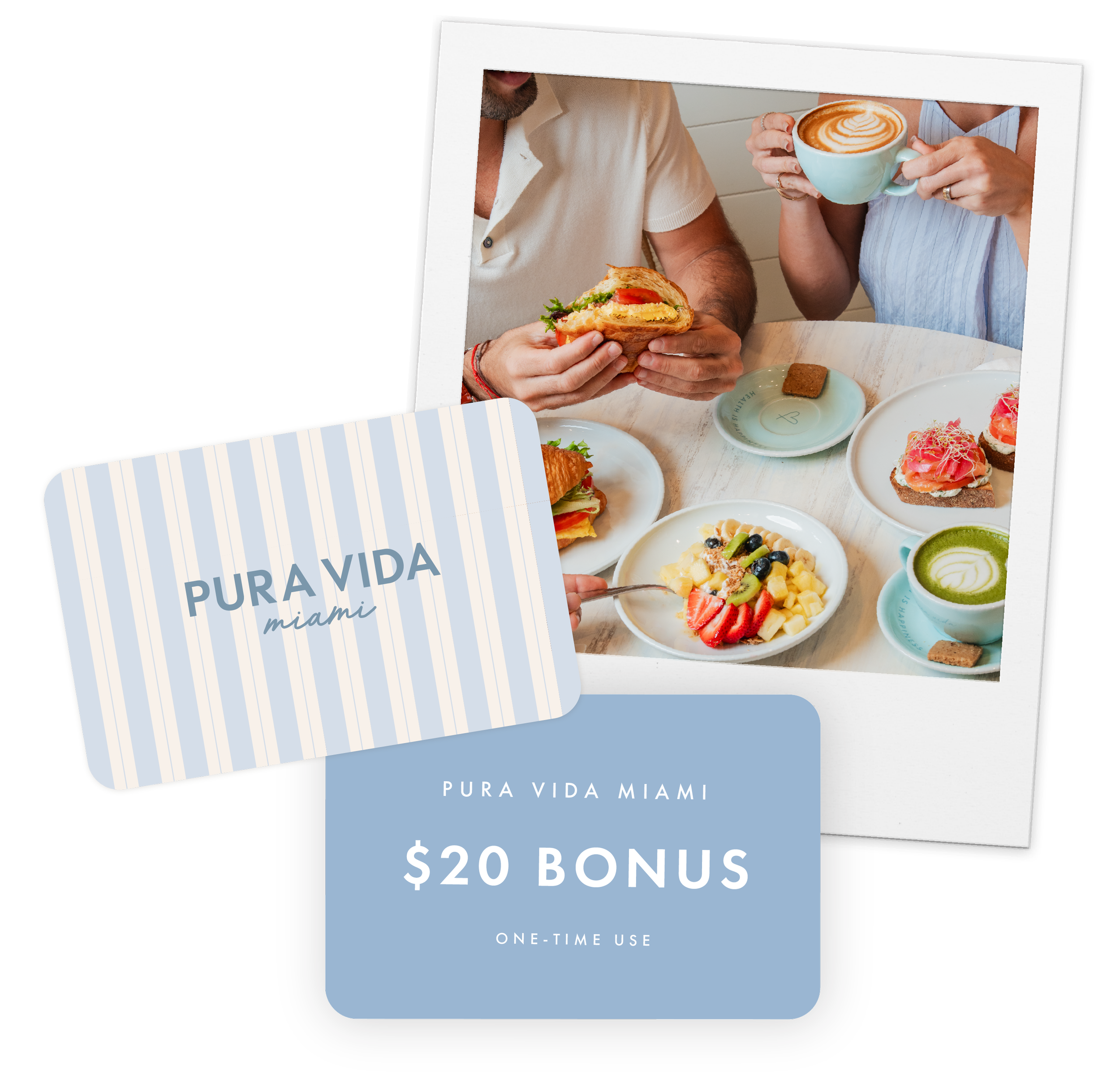 Images of e-gift card with bonuses and a photo of two people enjoying brunch