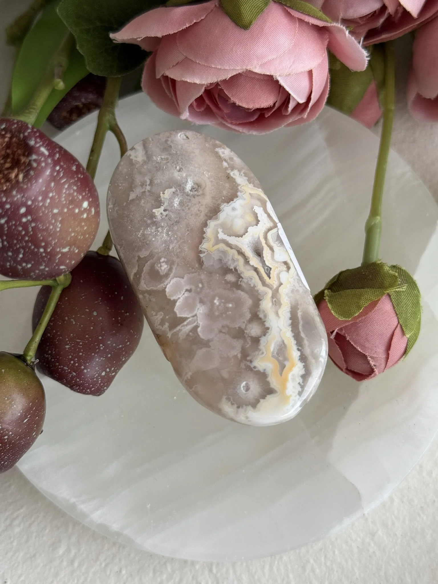 Pink Flower Agate Palm Stone