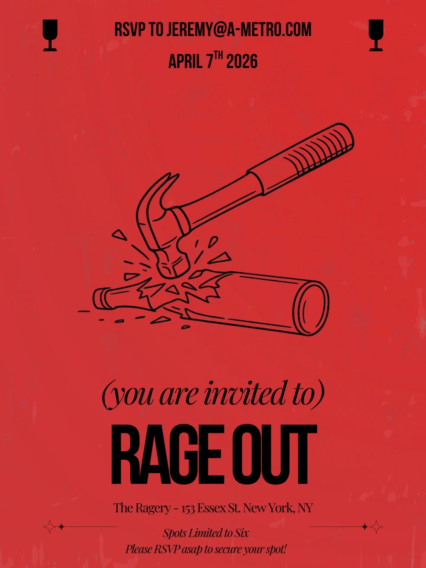 ❗UPDATE: event rescheduled due to weather

You&rsquo;re Invited to RAGE OUT with A Metro 💥

6 @ 6 | April 7 | 6PM | The Ragery

We&rsquo;re launching a new monthly series &mdash; 6 @ 6 &mdash; bringing together six industry friends on the first Tues